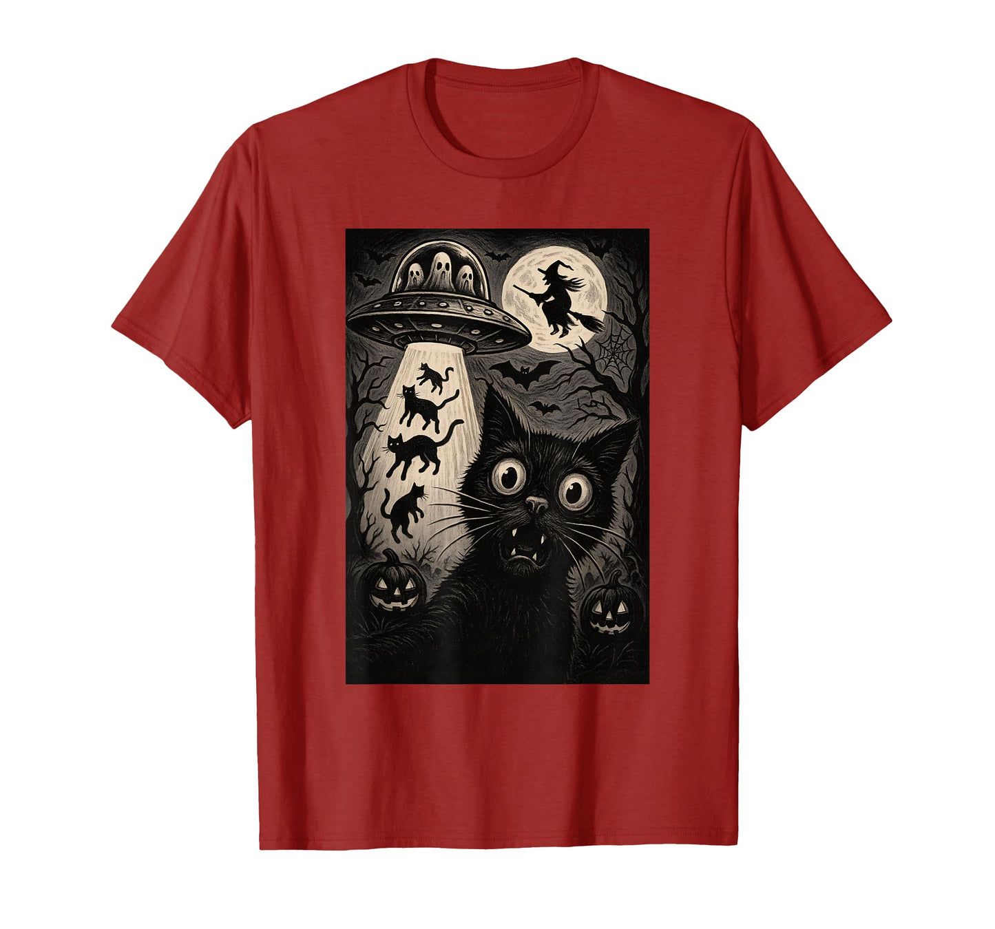 Halloween Cat Selfie Spooky Alien Abduction Cats UFO Flying T-Shirt