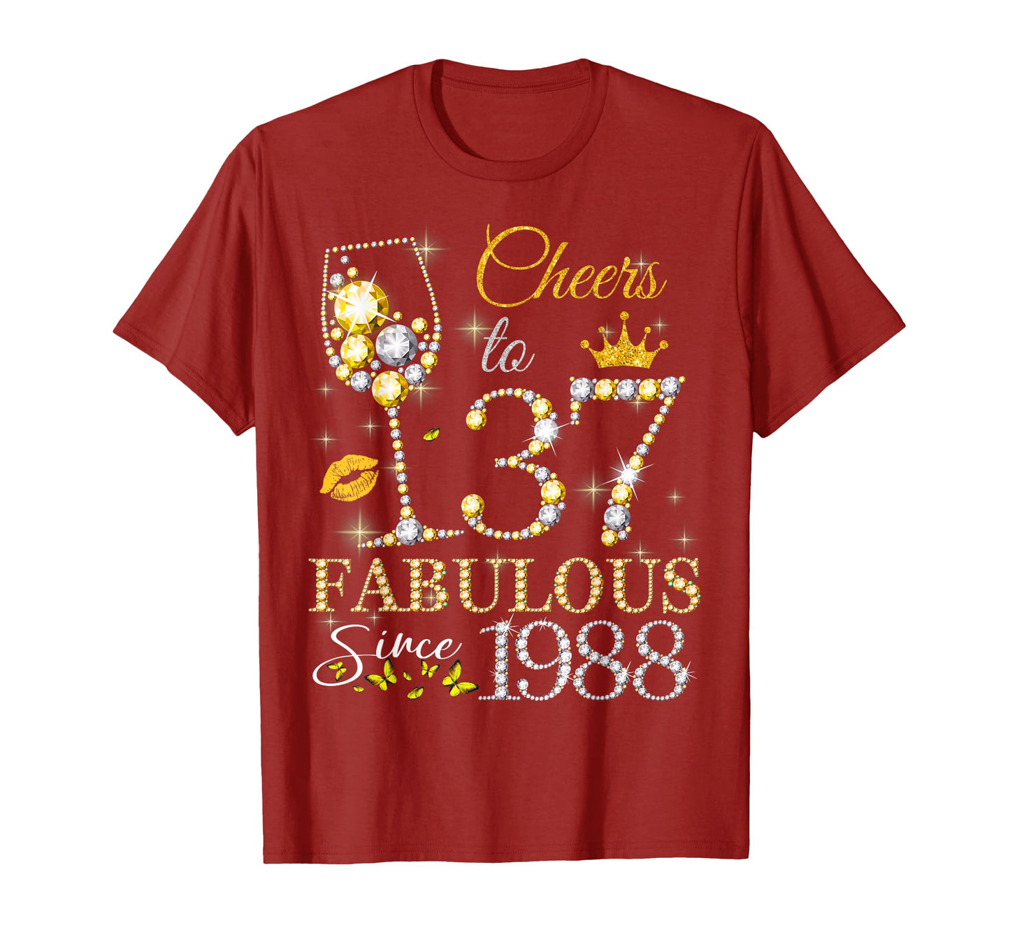 Womens Cheers to 37 Years Old EST 1988 37th Birthday Queen T-Shirt