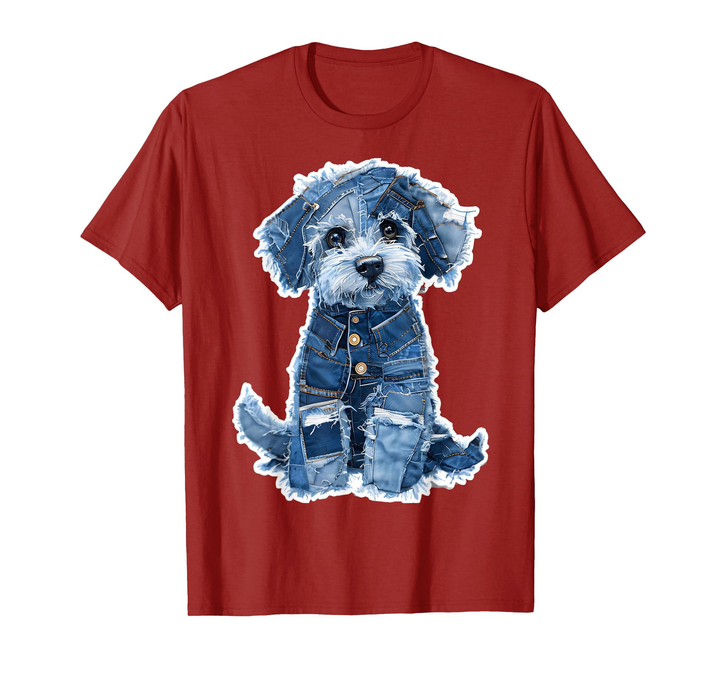 Retro Dog Pattern Denim Patchwork Graphic Art T-Shirt