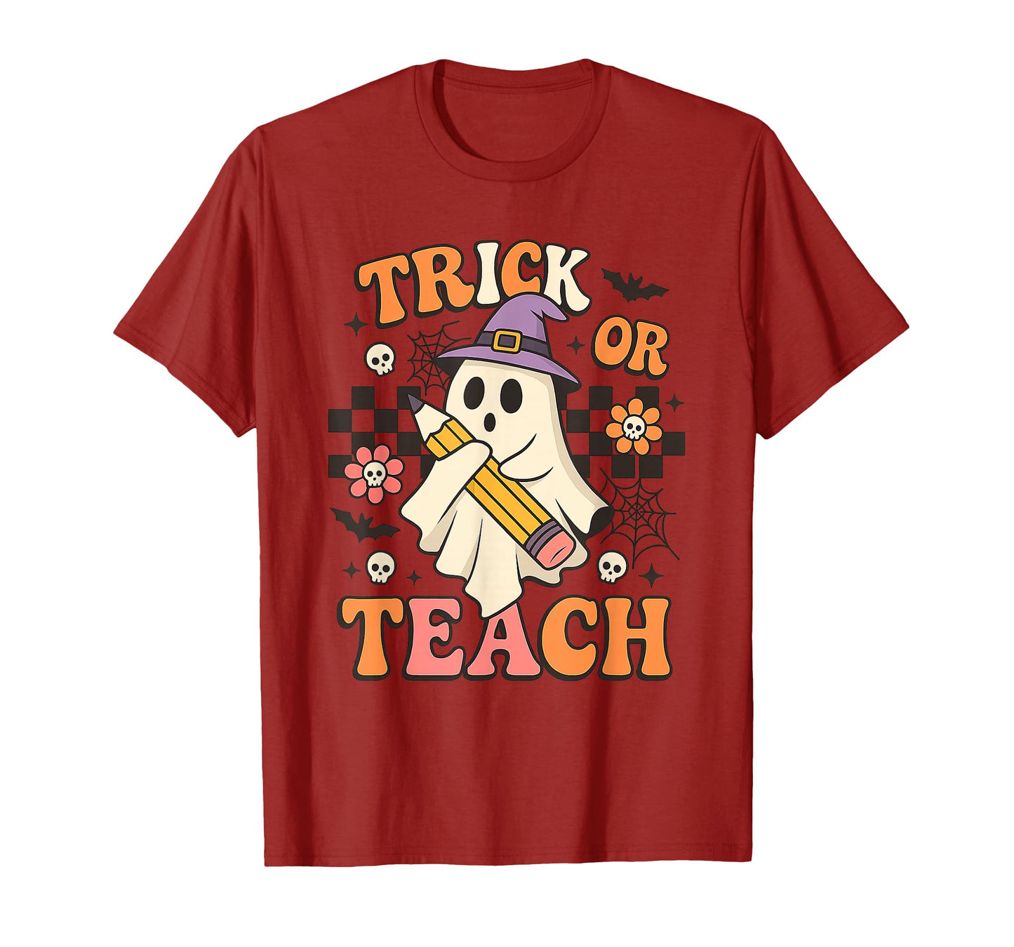 Trick or Teach Cute Ghost Witch Hat Funny Halloween Teacher T-Shirt