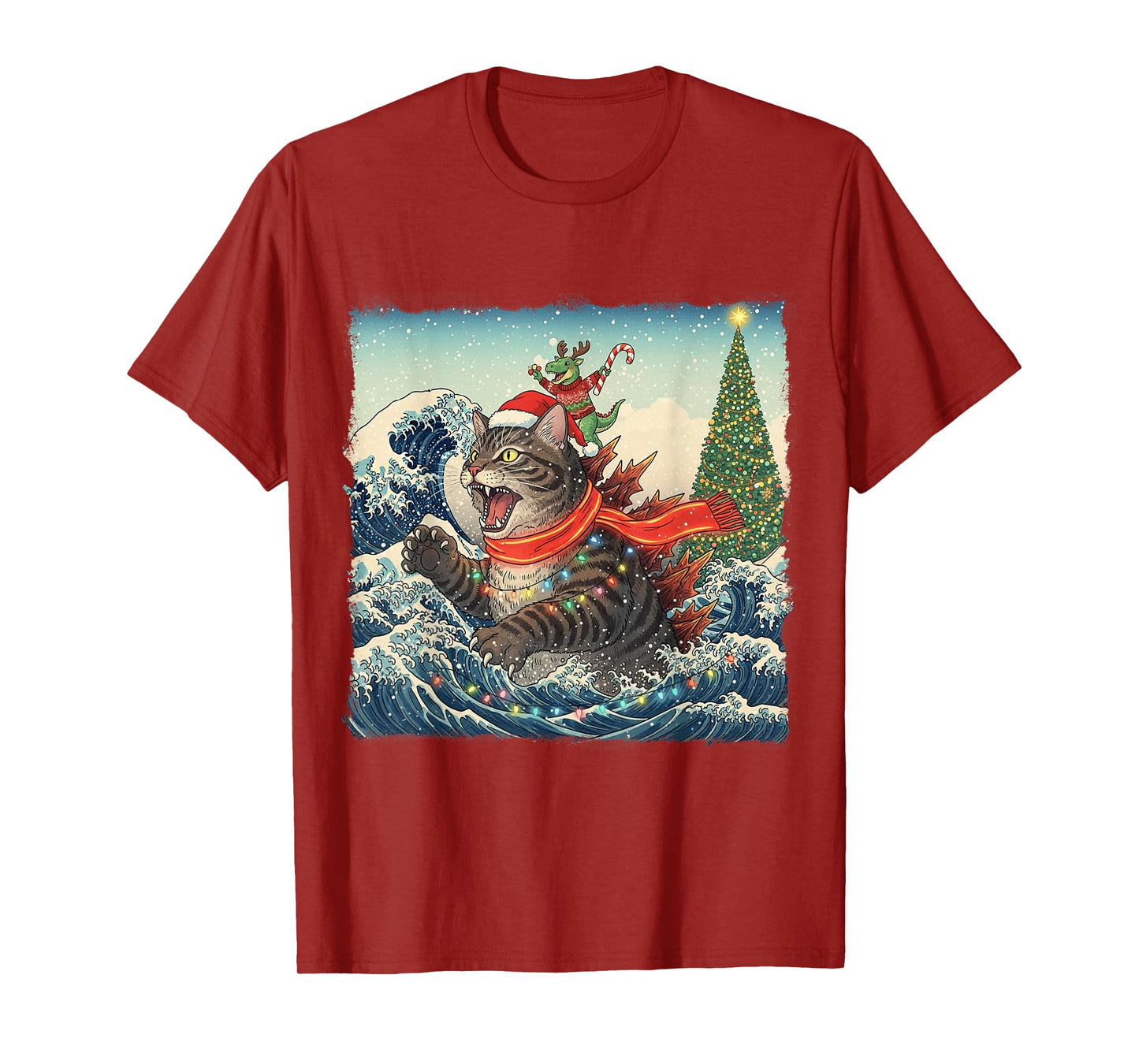 Catzilla Christmas with Cute Dino Cat Funny Holiday Wave T-Shirt