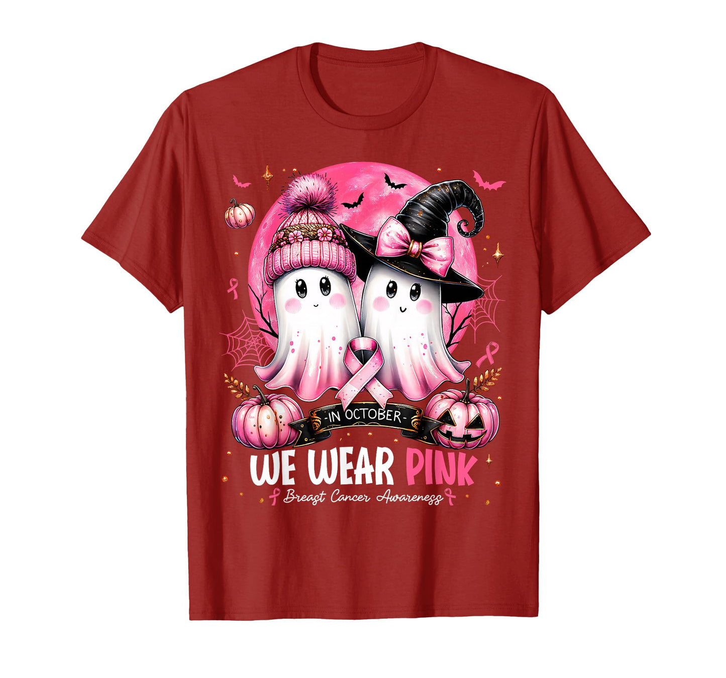 in October We Wear Pink Ghost Witch Breast Cancer Awareness T-Shirt