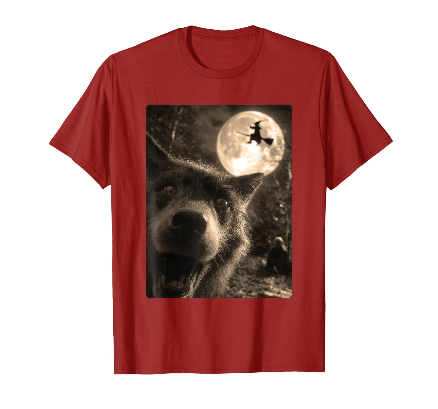 Funny Wolf Selfie Full Moon Flying Witch Forest Halloween T-Shirt