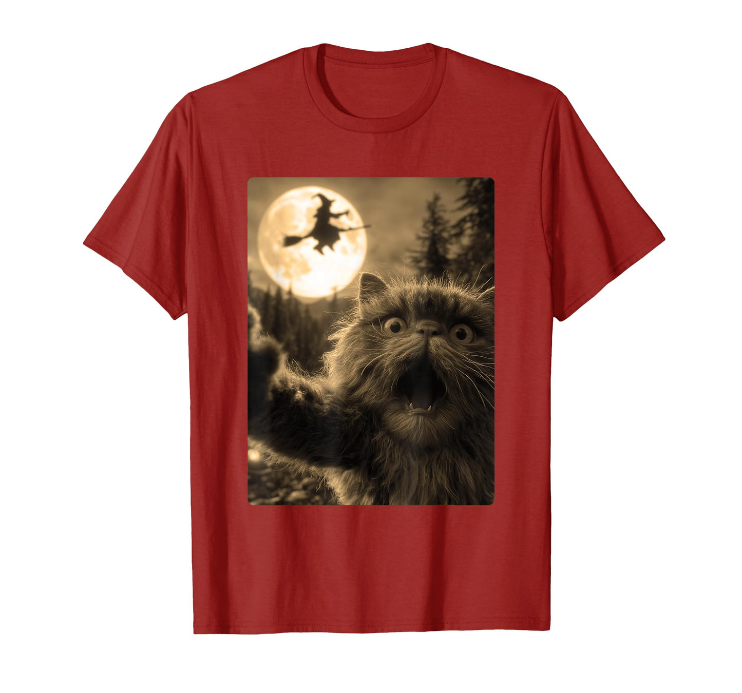 Funny Persian Cat Selfie Full Moon Flying Witch Halloween T-Shirt
