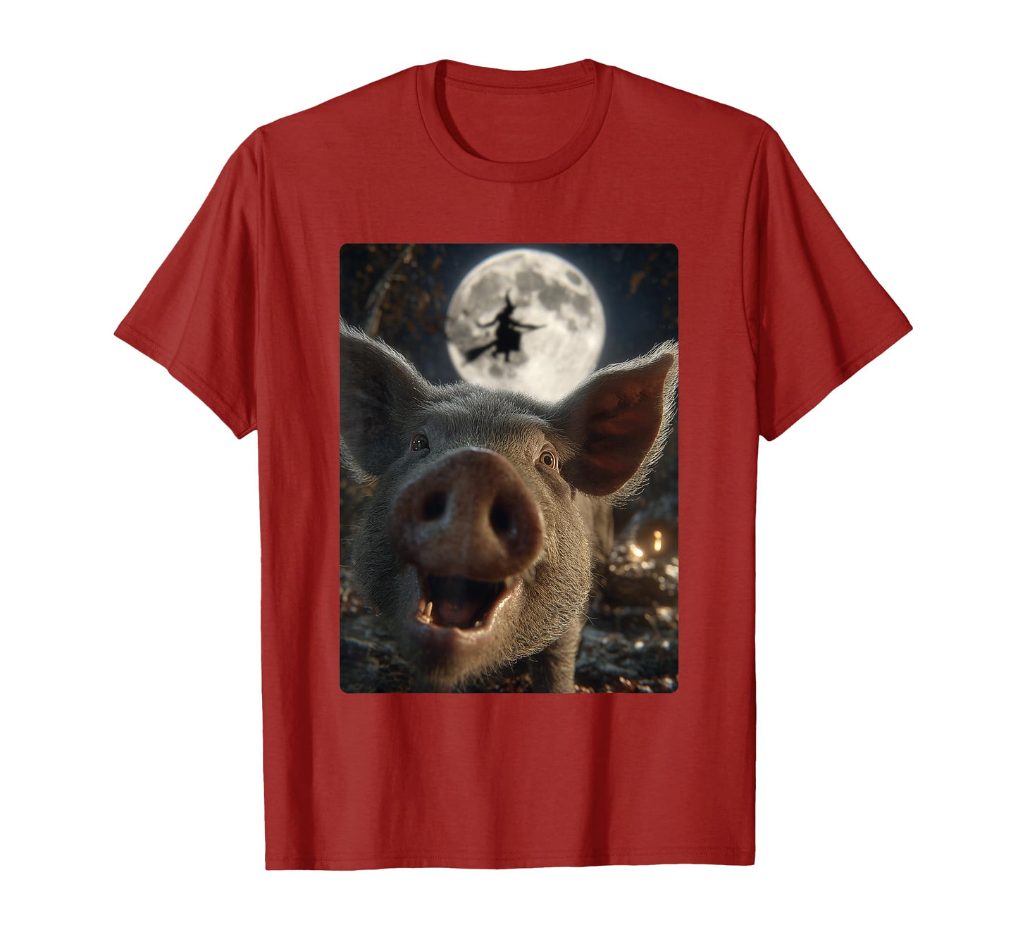 Funny Pig Selfie Full Moon Flying Witch Forest Halloween T-Shirt