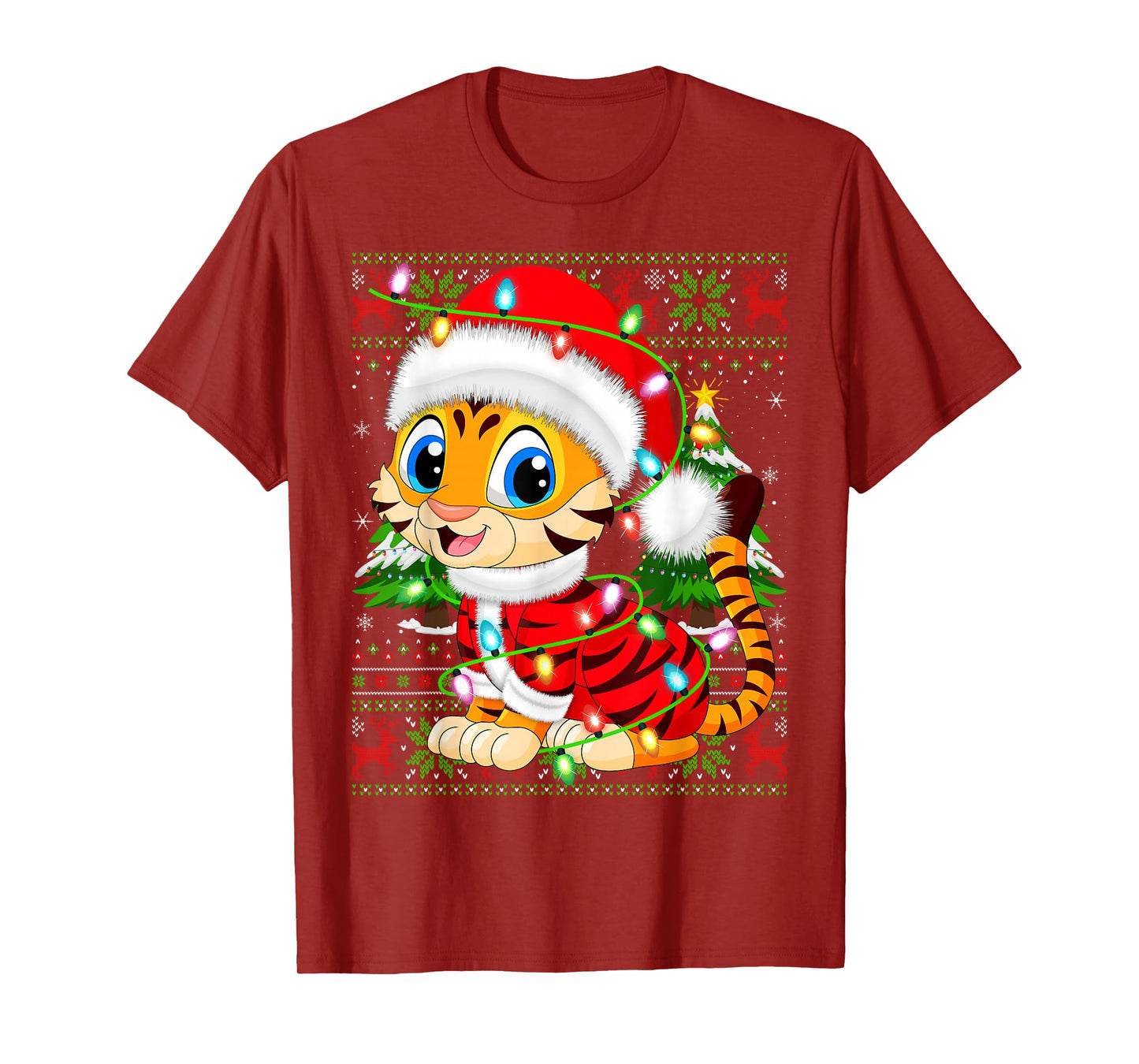 Tiger Christmas Lights Santa Costume Ugly Xmas Sweaters T-Shirt
