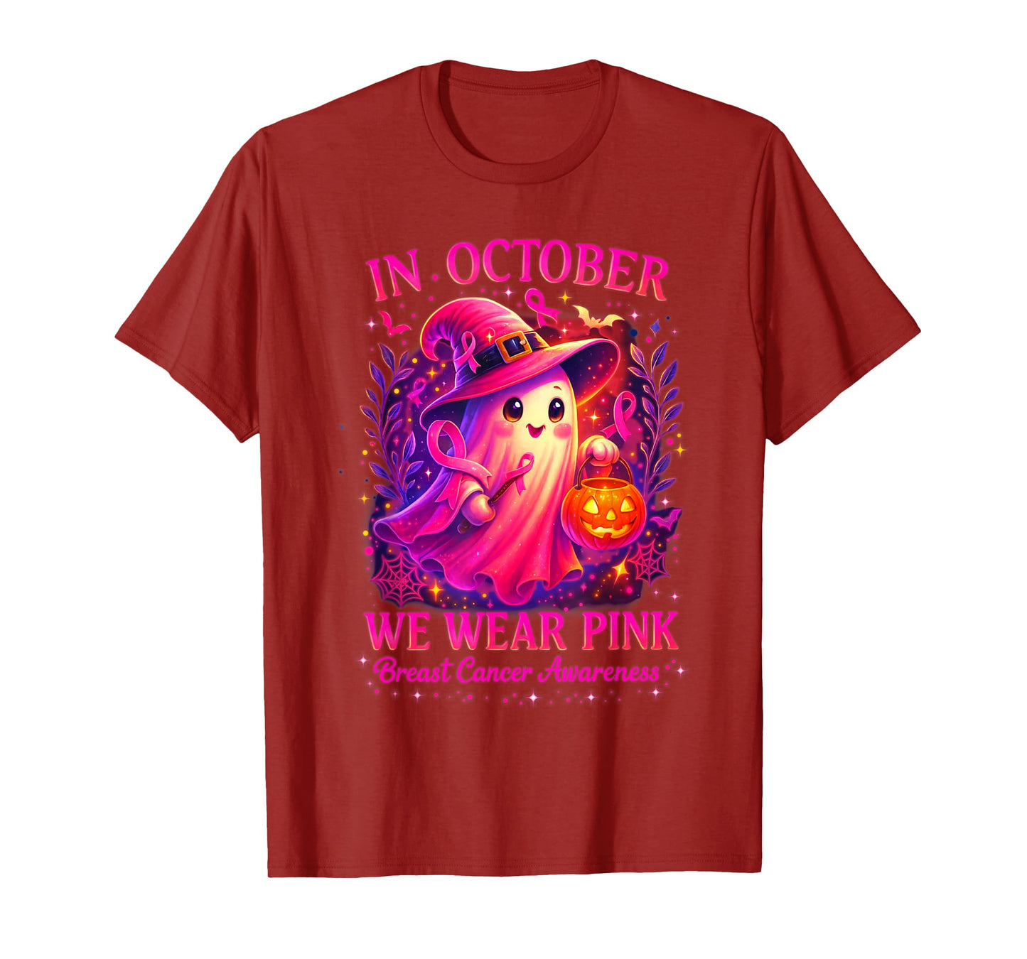in October We Wear Pink Ghost Witch Breast Cancer Awareness T-Shirt