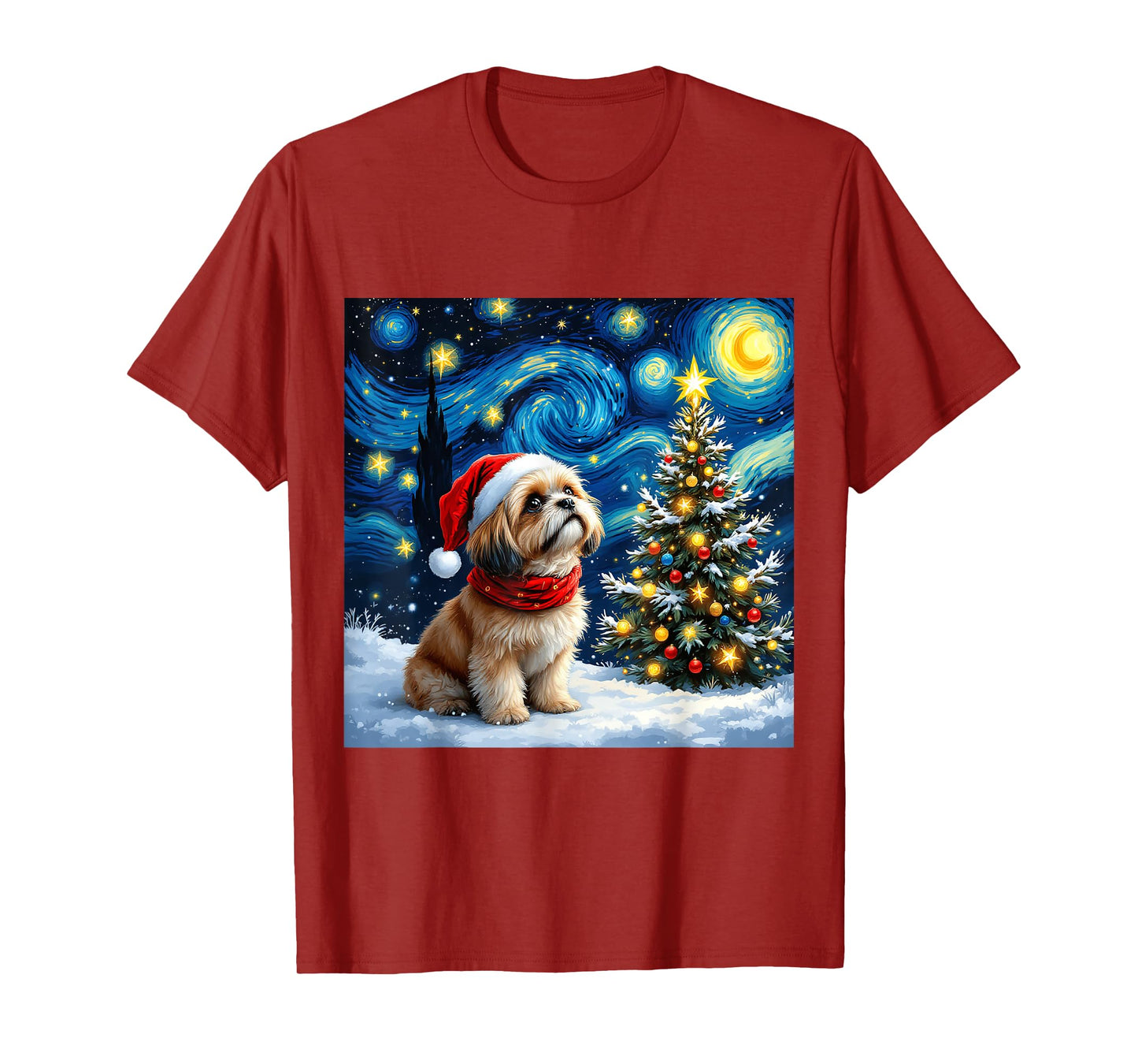 Shih Tzu Starry Night Christmas Van Gogh Dog Santa Hat T-Shirt