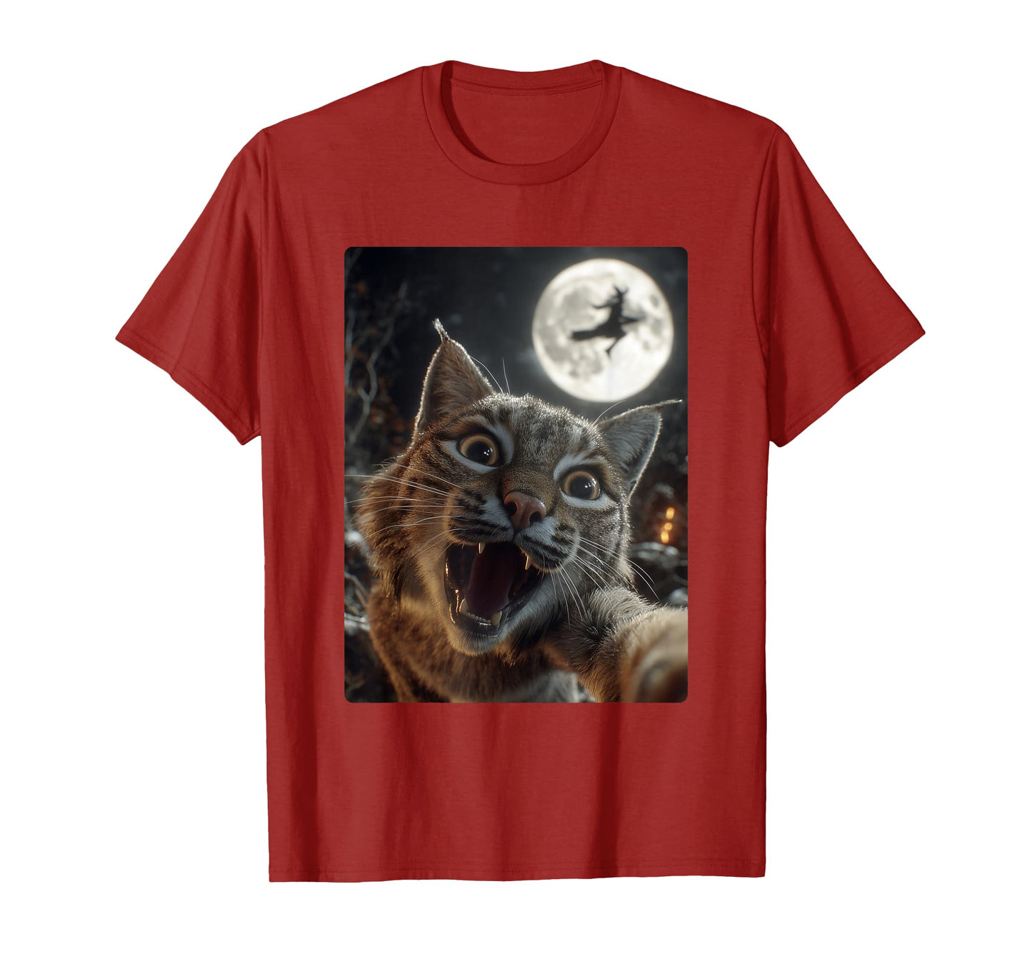 Funny Bobcat Selfie Full Moon Flying Witch Forest Halloween T-Shirt