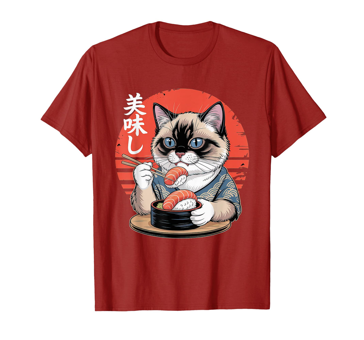 Japanese Siamese Cat Eating Sushi Kawaii Anime Cat T-Shirt
