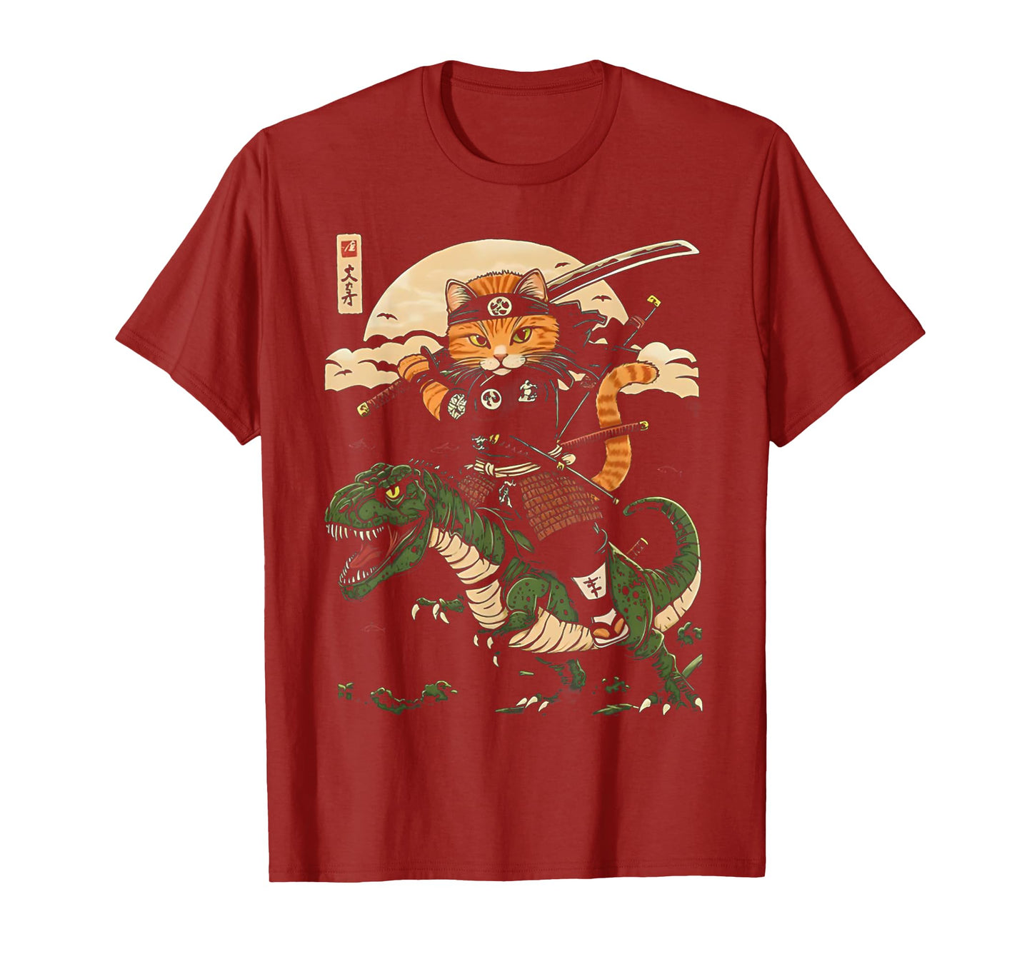 Samurai Cat Riding Dinosaur Vintage Warrior Japanese Art Tee T-Shirt for Men Women