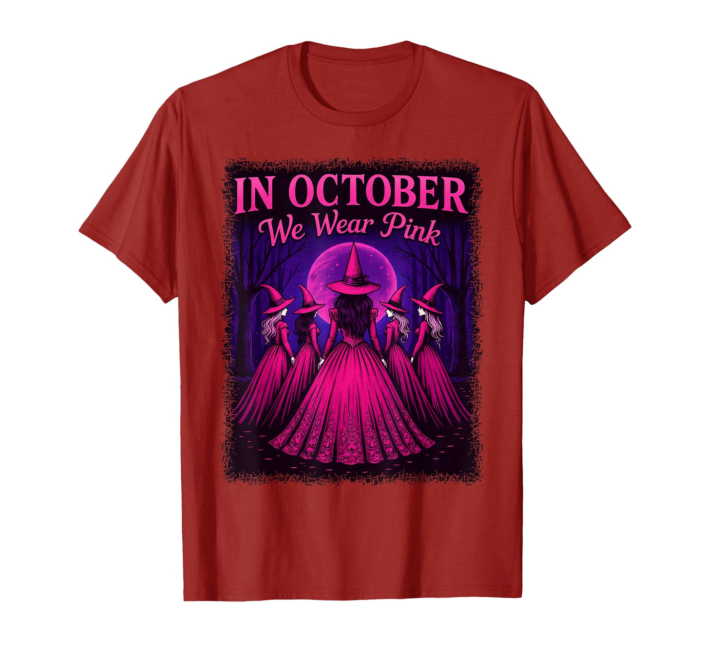 in October We Wear Pink Breast Cancer Halloween Witch Women T-Shirt