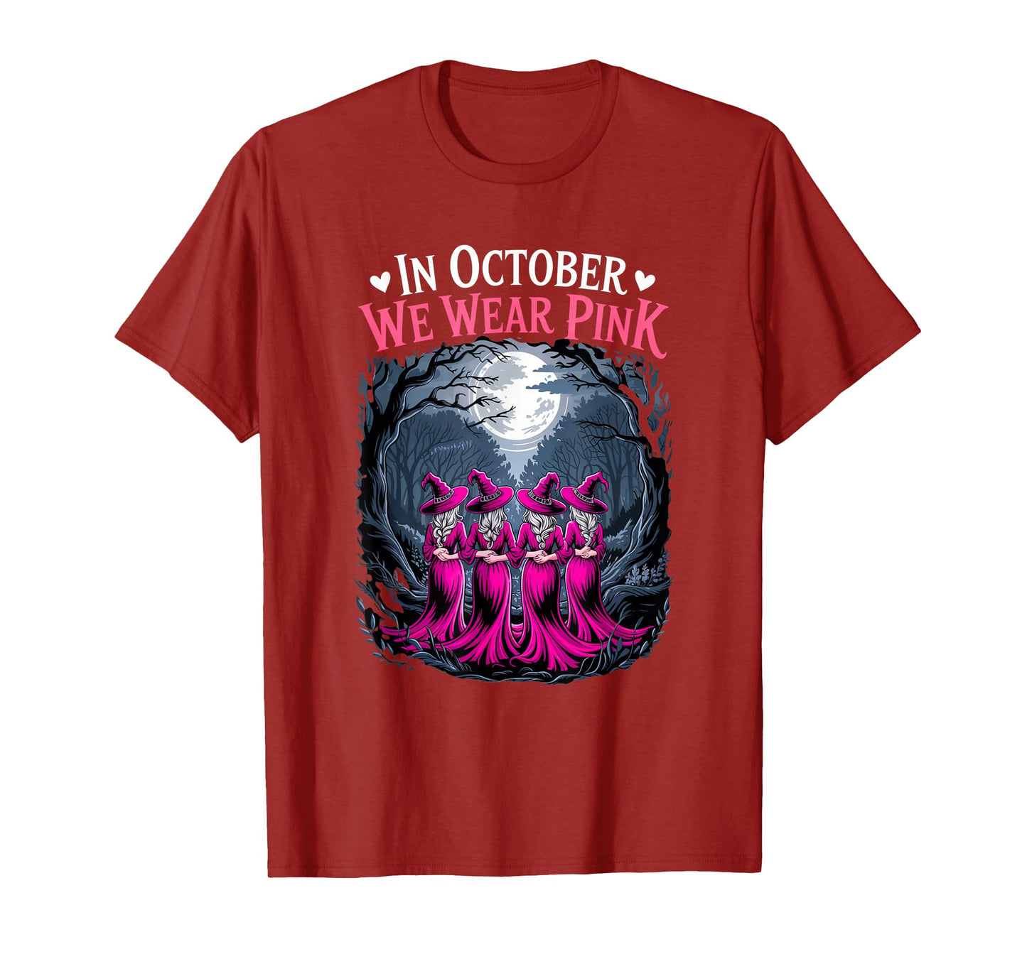 in October We Wear Pink Retro Witch Breast Cancer Awareness T-Shirt