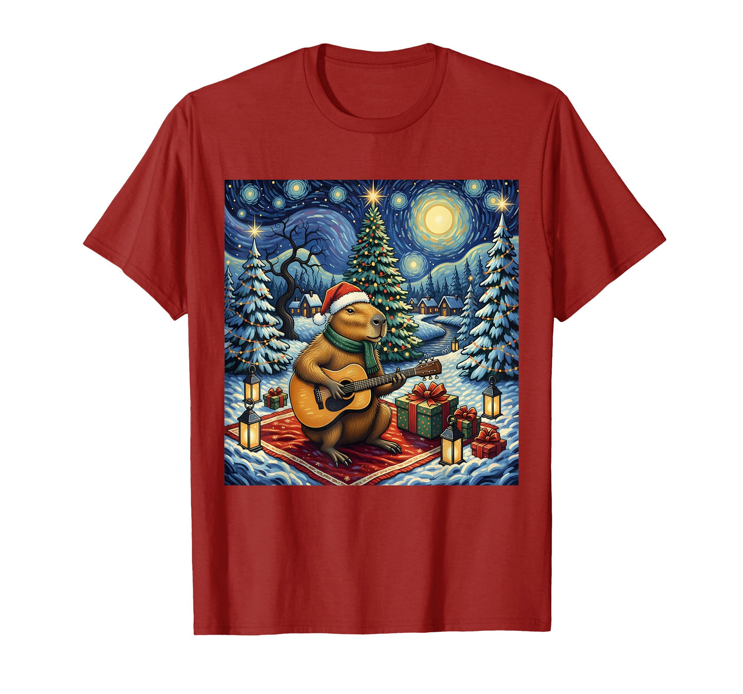 Capybara Playing The Guitar Van Gogh Style Christmas Themed T-Shirt