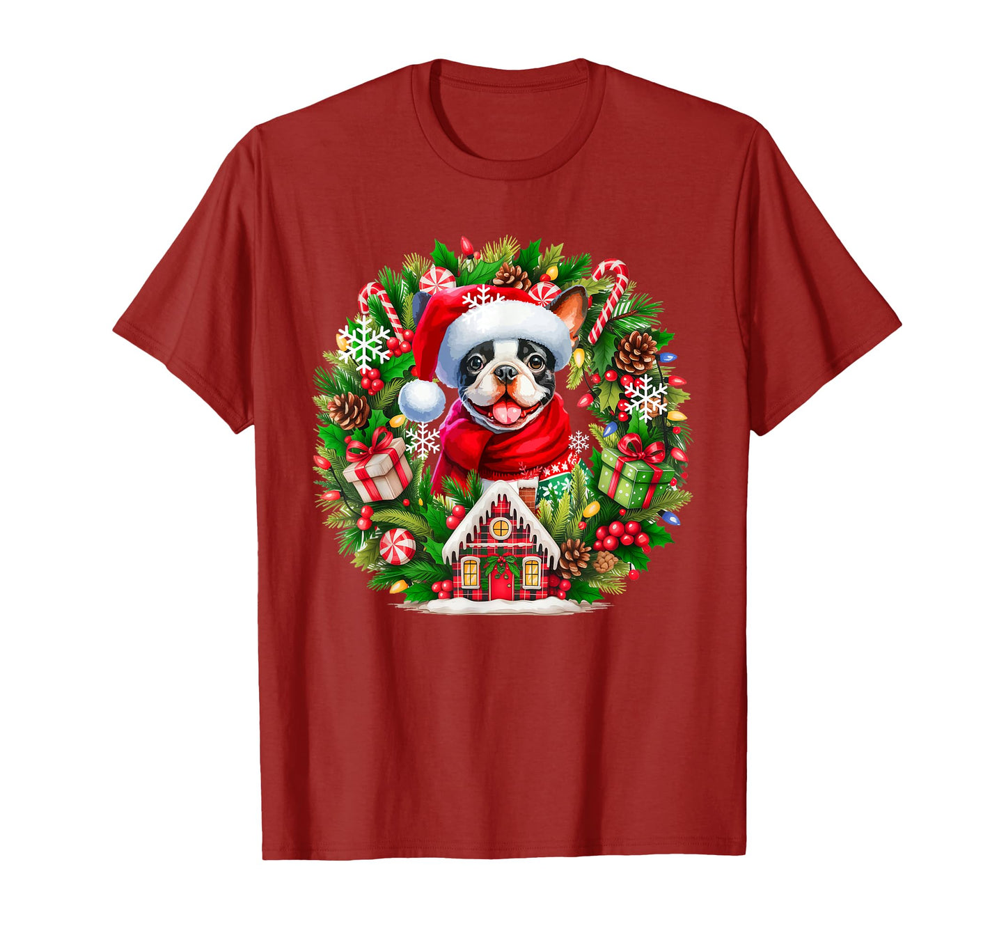 Santa Boston Terrier Christmas Floral Circle Owner Kids T-Shirt