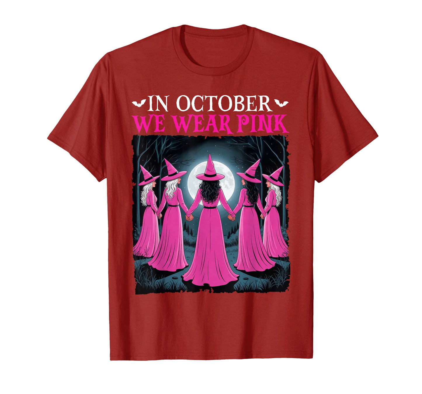 in October We Wear Pink Witch Halloween Breast Cancer Women T-Shirt