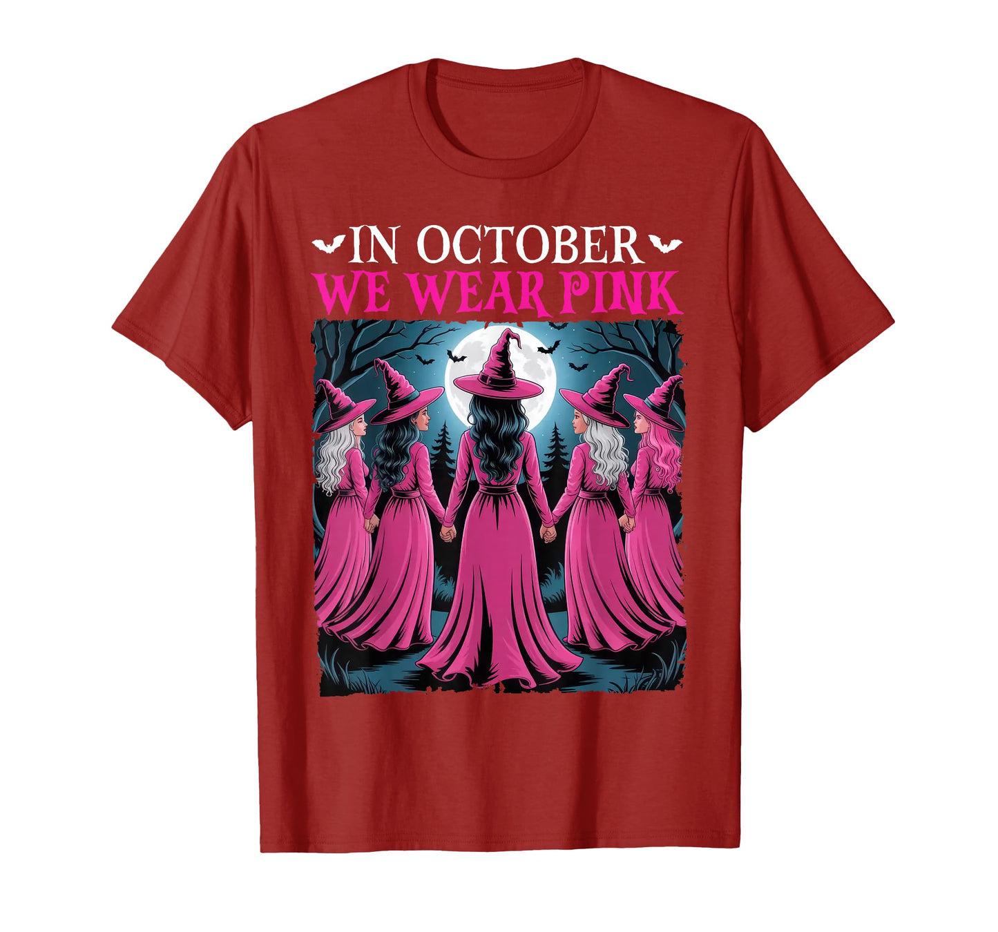 in October We Wear Pink Witch Halloween Breast Cancer Women T-Shirt