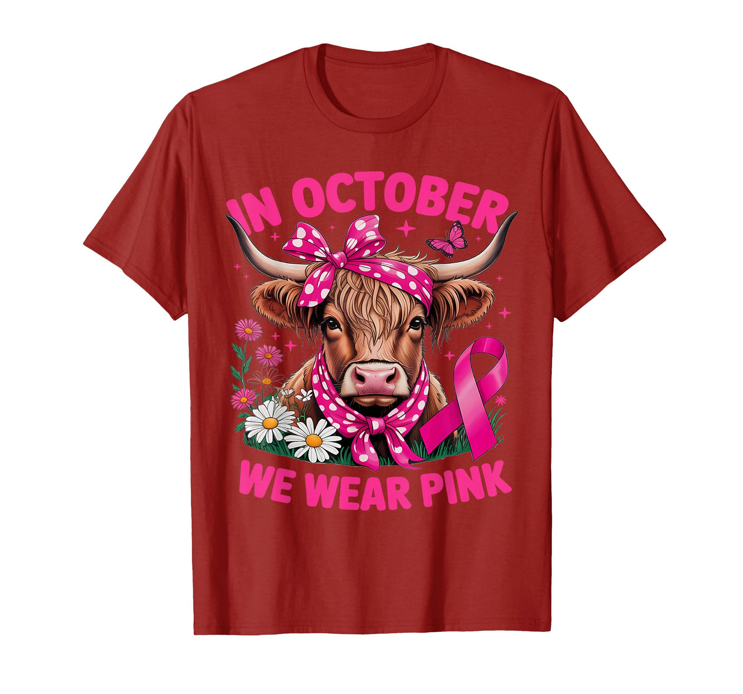 Highland Cow in October We Wear Pink Breast Cancer Awareness T-Shirt