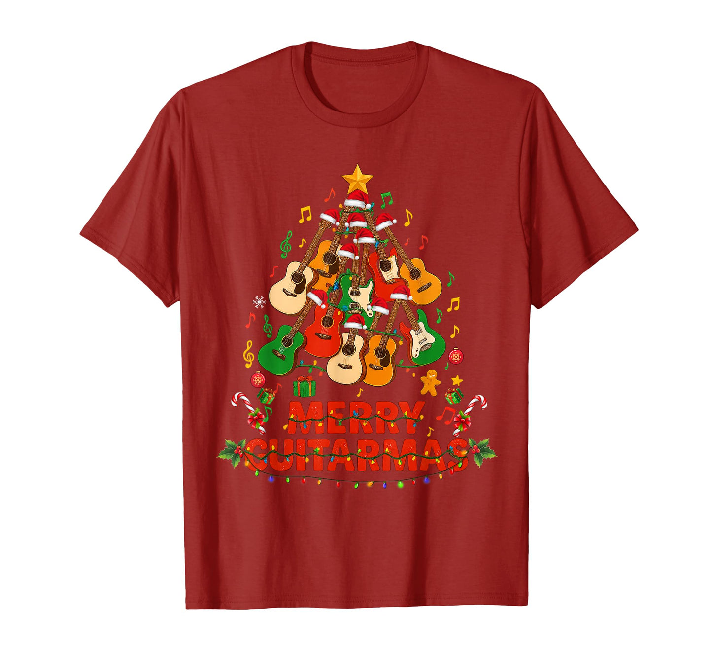 Guitar Santa Hat Christmas Tree Funny Music Loves Xmas Gifts T-Shirt