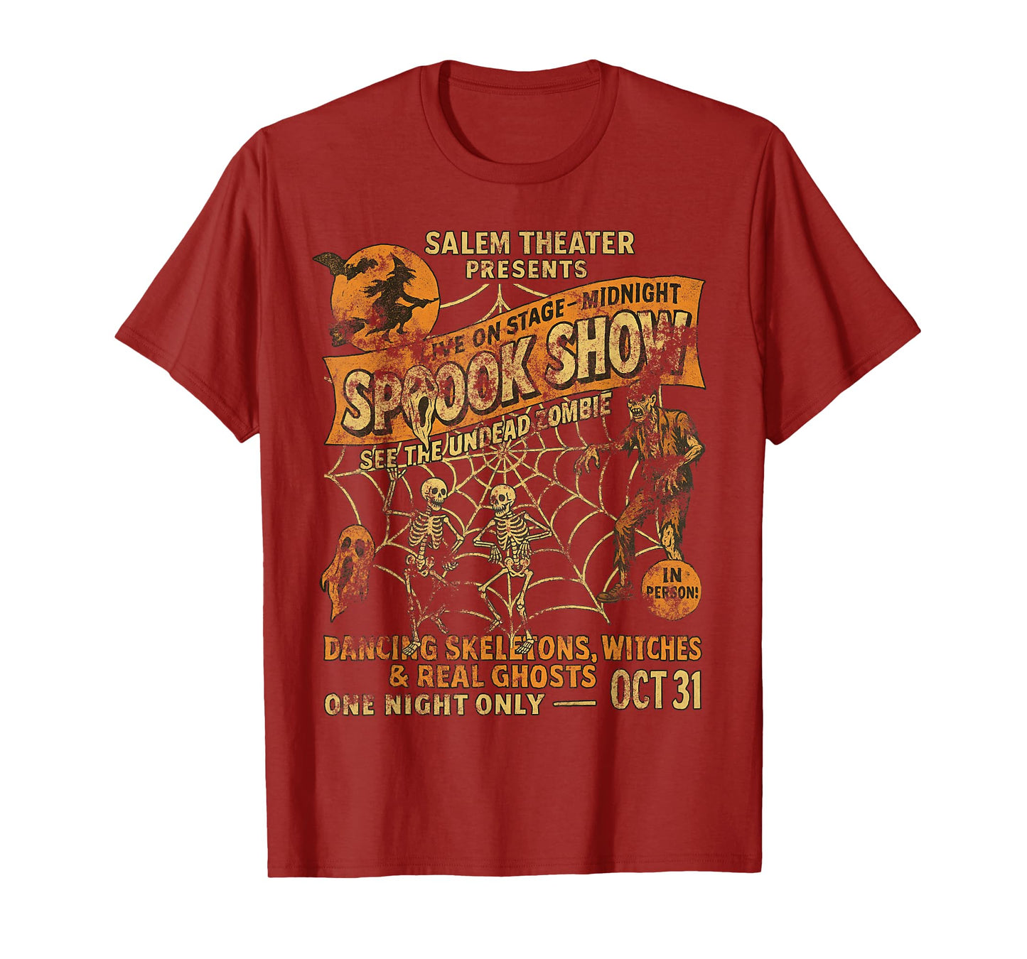 Vintage Halloween Poster Tee Witch Dancing Skeletons Monster T-Shirt