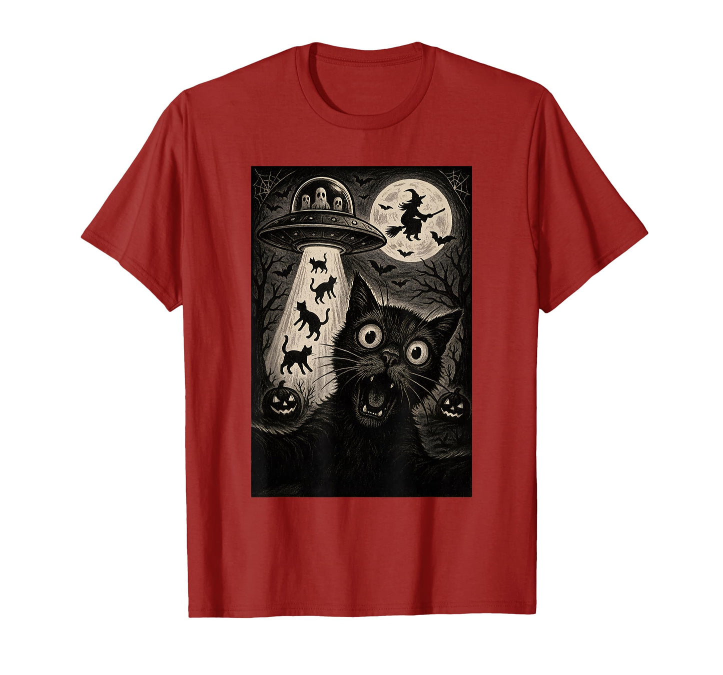 Halloween Cat Selfie Spooky Night Alien Abduction Cats UFO T-Shirt