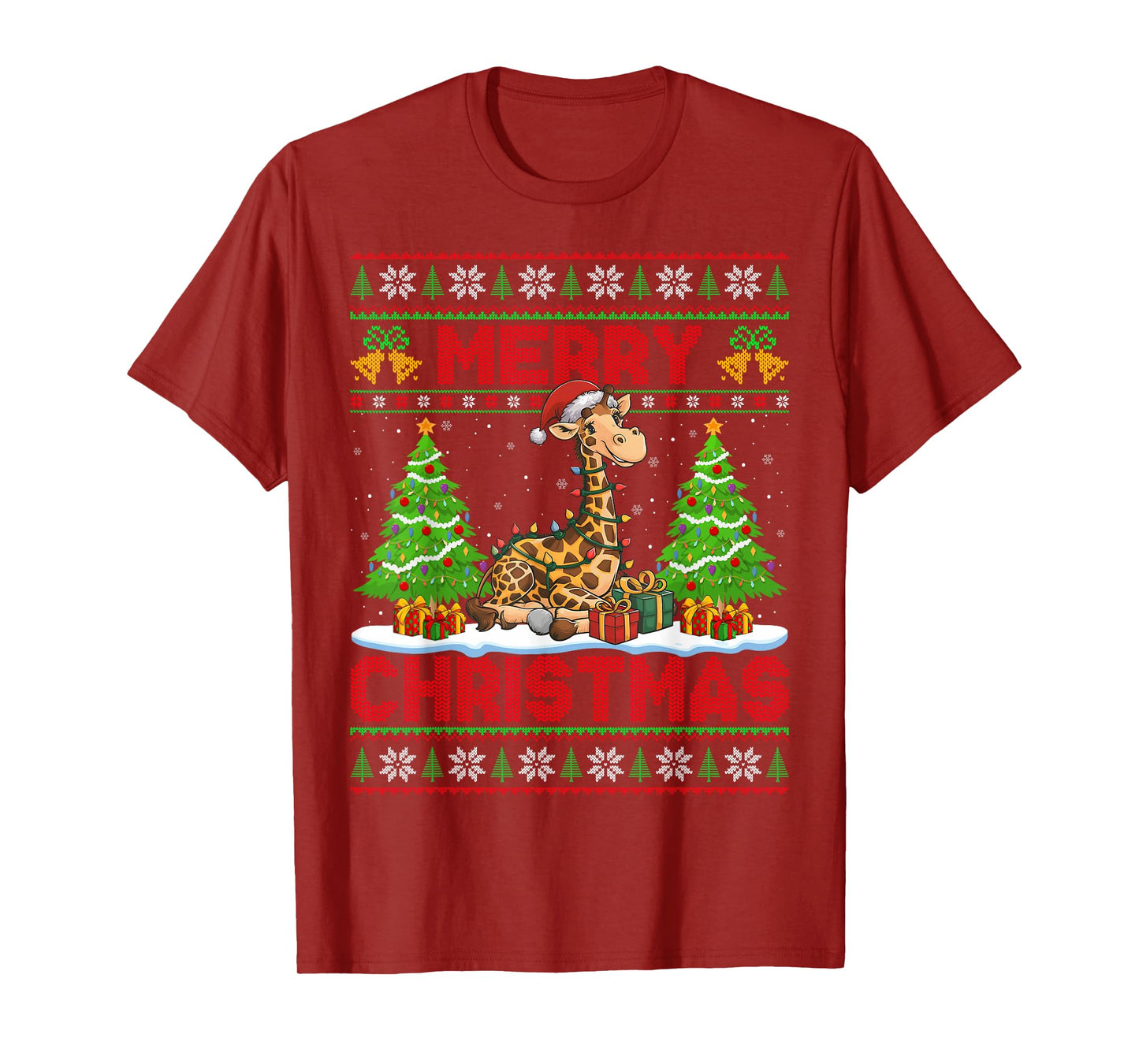 Giraffe Ugly Christmas Sweaters Funny Santa Hat Lights Xmas T-Shirt