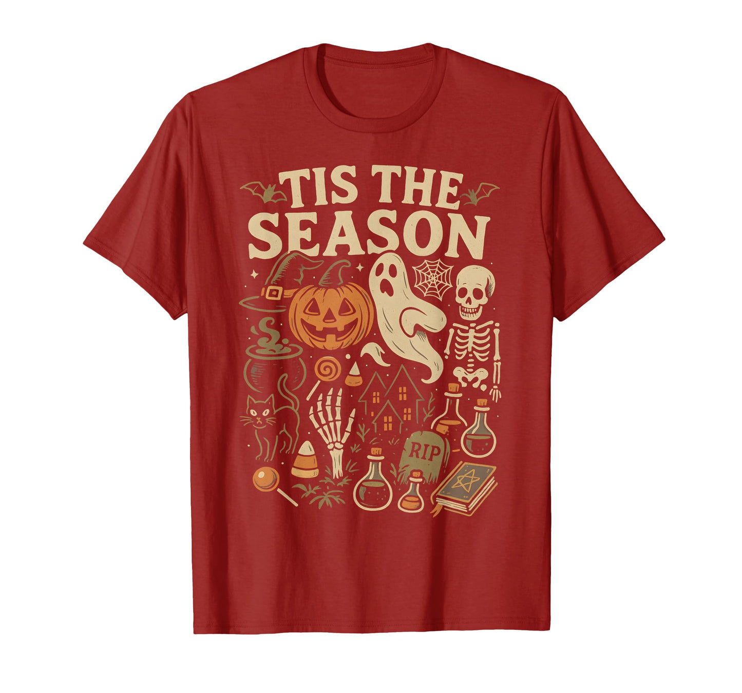 Vintage Halloween Season Skeleton Pumpkin Witch Book Potions T-Shirt