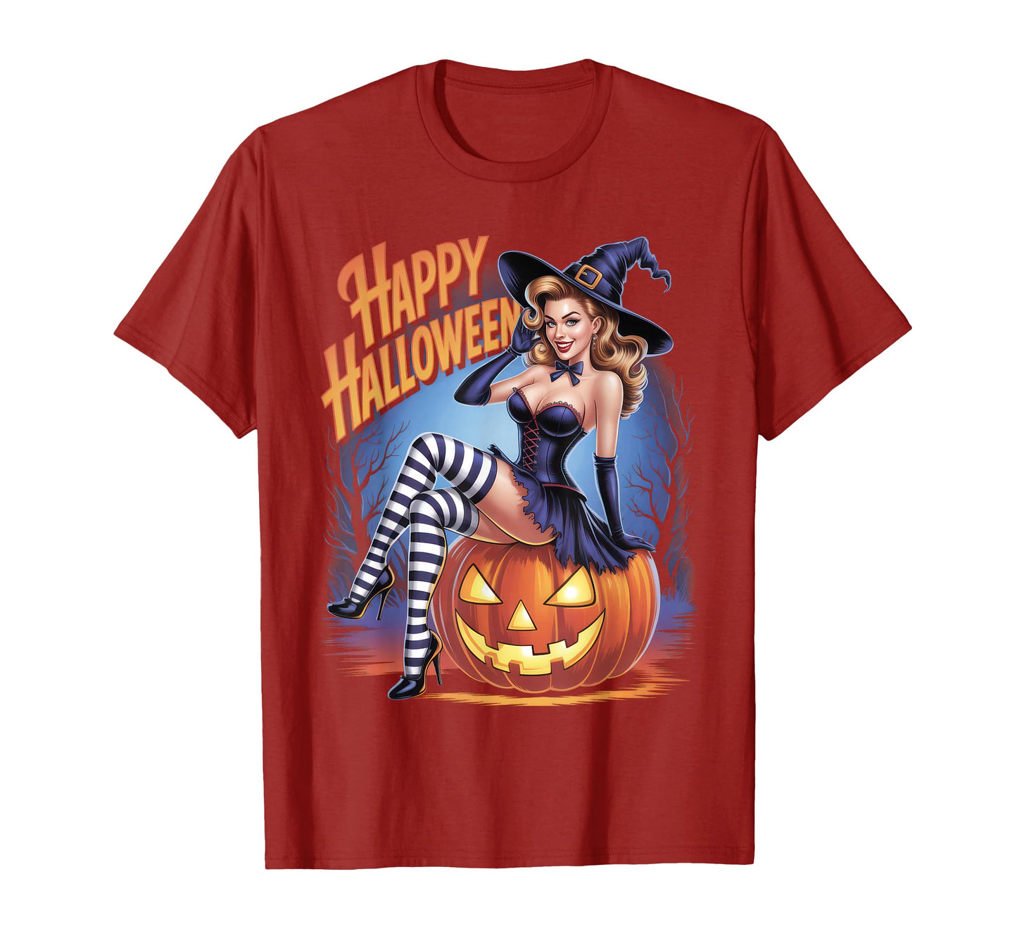 Happy Halloween Sexy Witch Sitting on Pumpkin Retro Costume T-Shirt