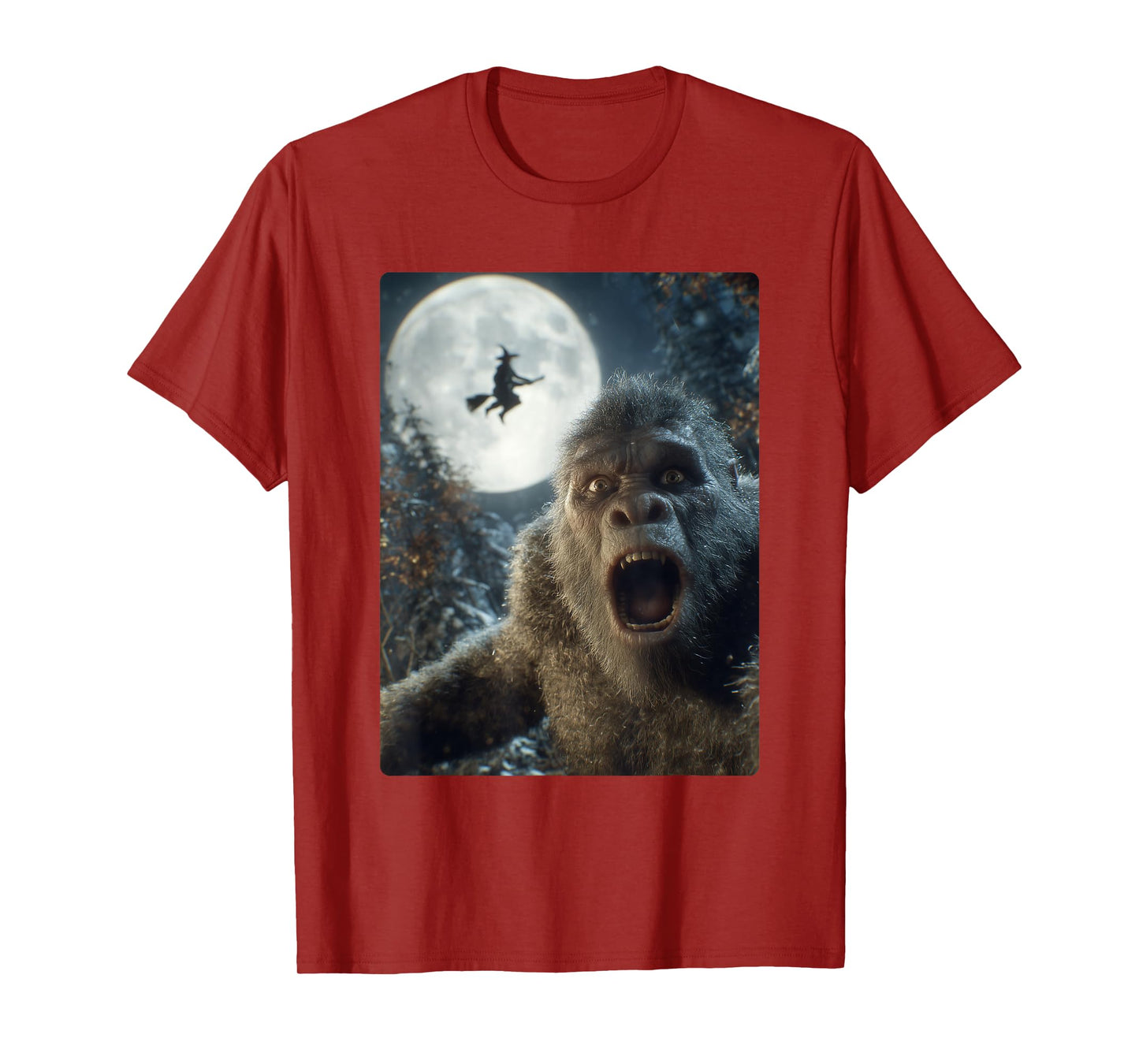 Funny Bigfoot Selfie Full Moon Flying Witch Forest Halloween T-Shirt