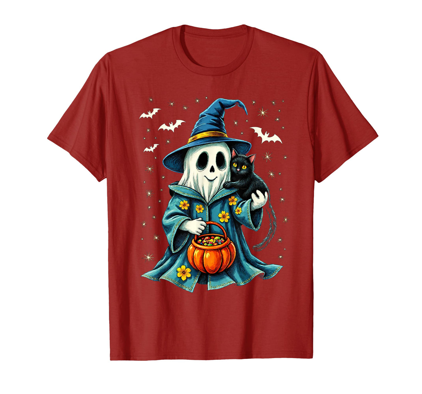 Ghost Holding Black Cat Lover Halloween 2025 Groovy Floral T-Shirt