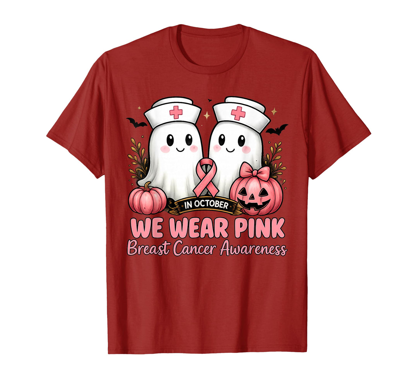 in October We Wear Pink Ghost Nurse Breast Cancer Awareness T-Shirt