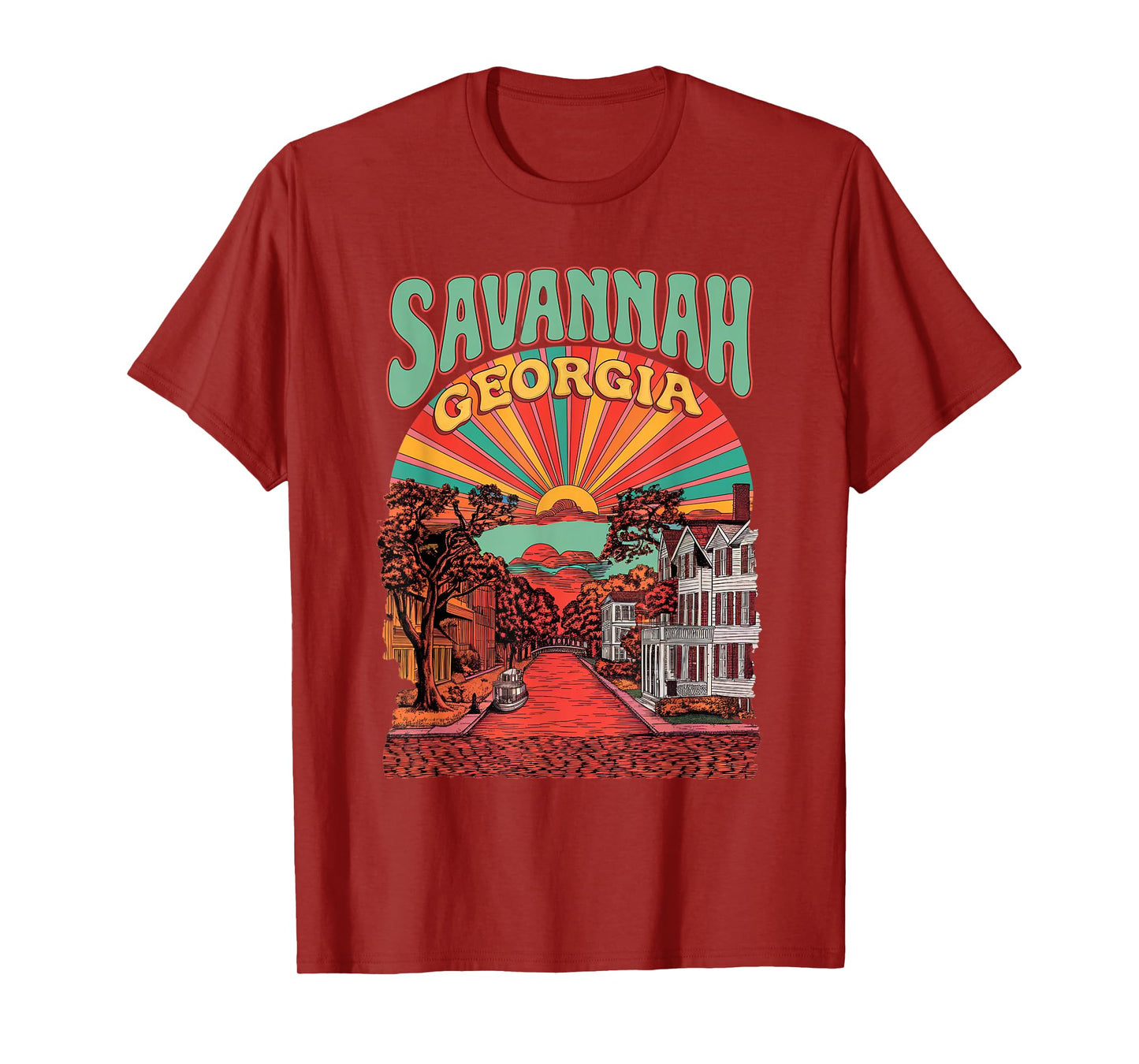 Vintage Savannah Georgia Sunset Skyline Cityscape Retro T-Shirt
