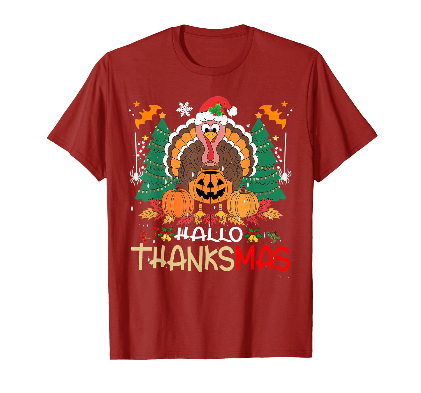 Funny HalloThanksMas Happy Thanksgiving Santa Turkey T-Shirt