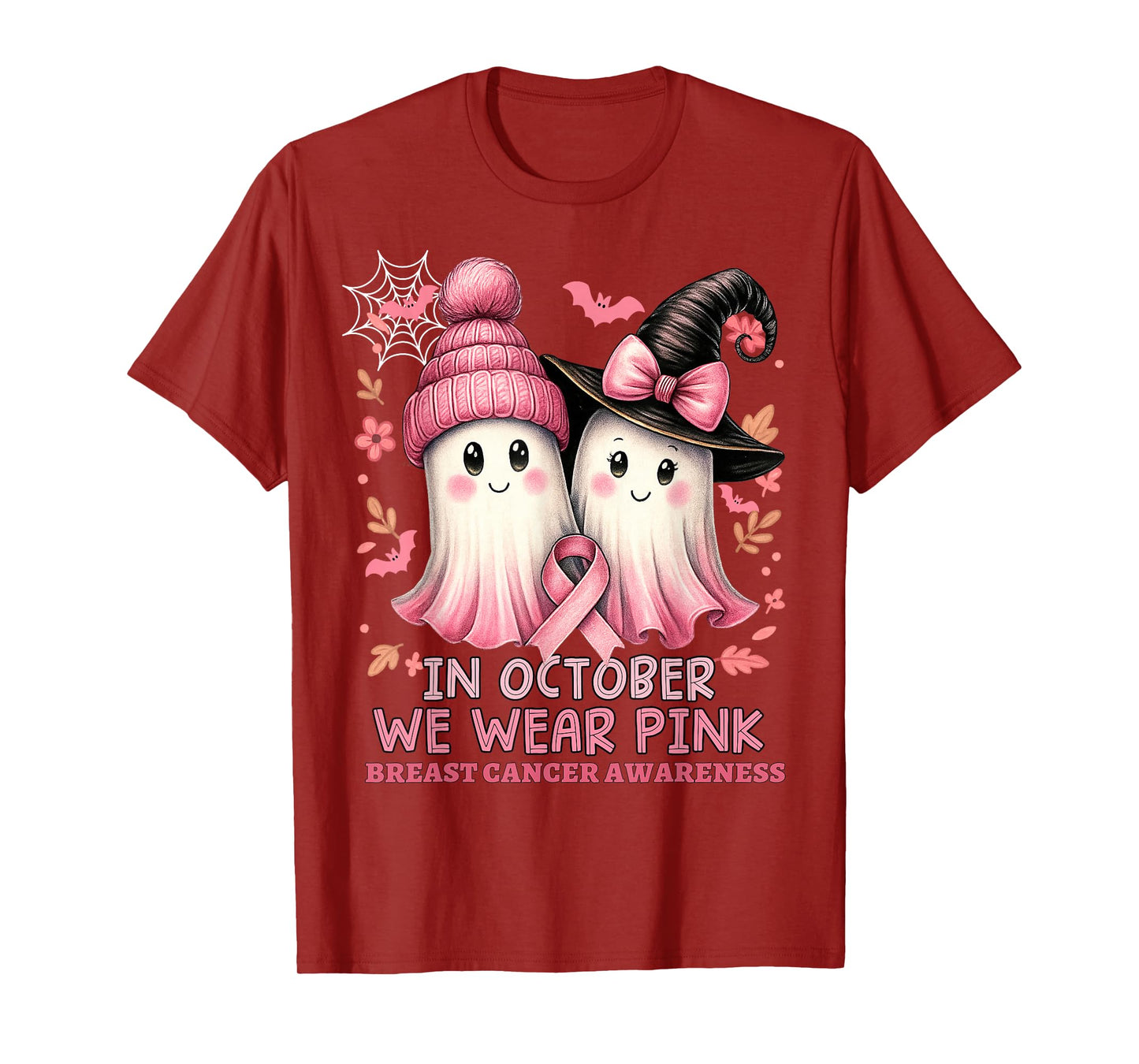 in October We Wear Pink Ghost Witch Breast Cancer Awareness T-Shirt
