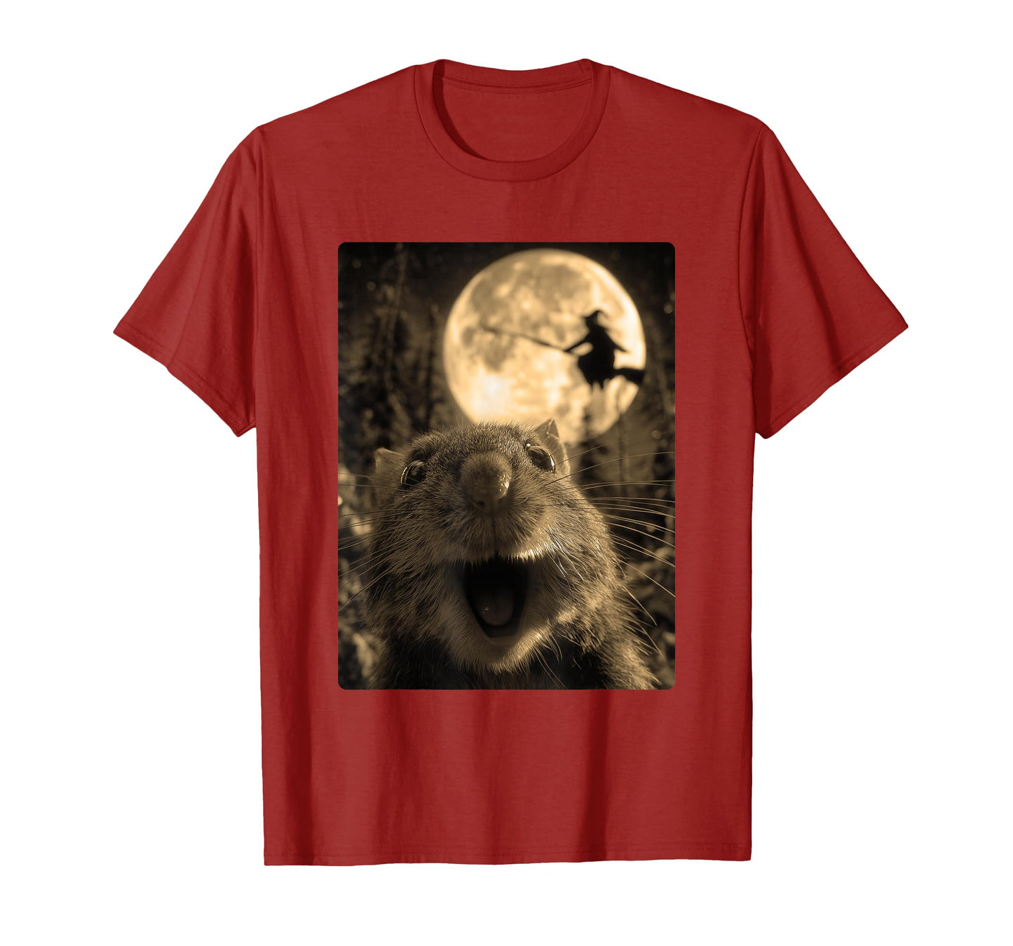 Funny Hamster Selfie Full Moon Flying Witch Forest Halloween T-Shirt