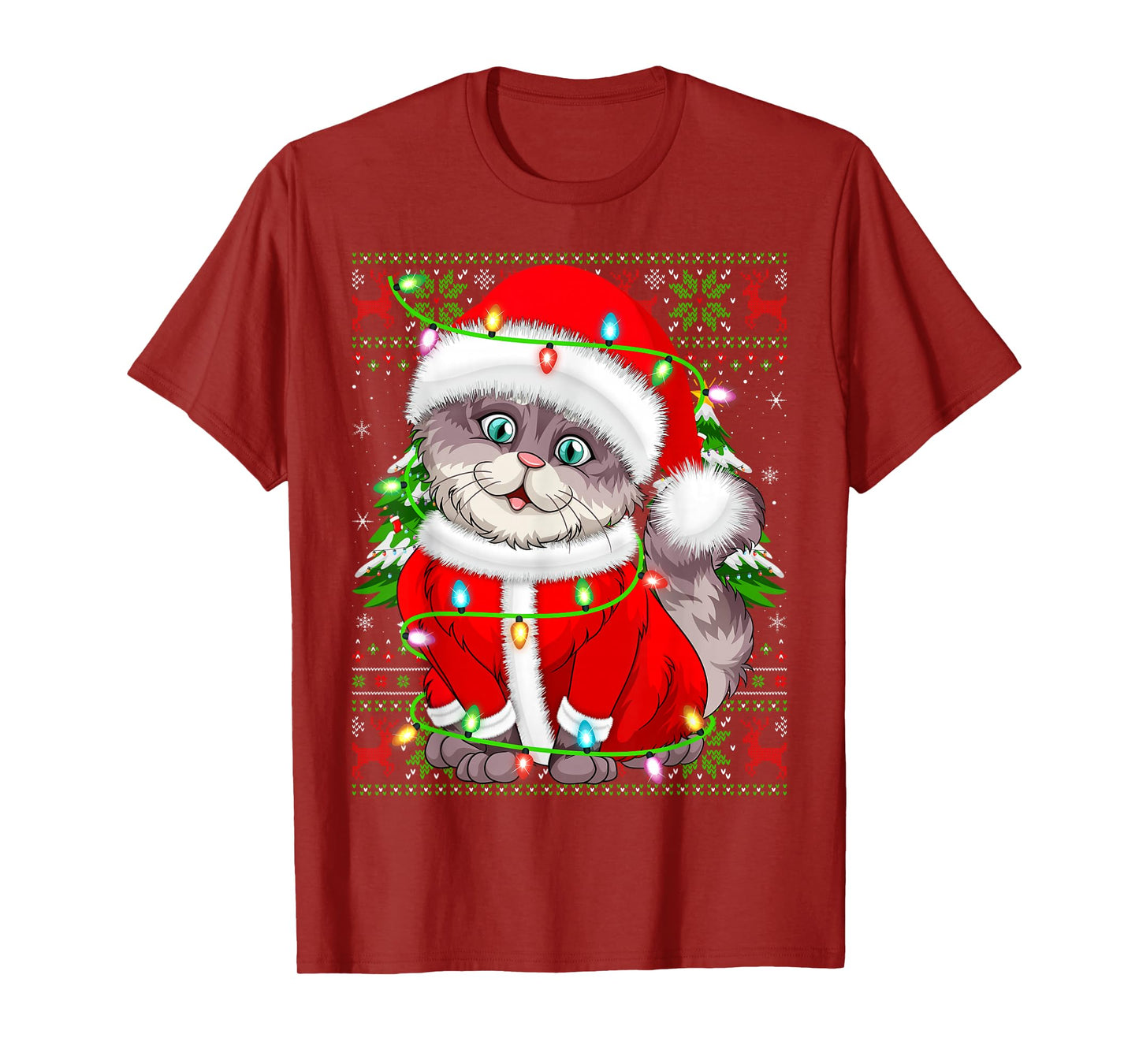 Cat Christmas Lights Santa Costume Cat Ugly Xmas Sweaters T-Shirt