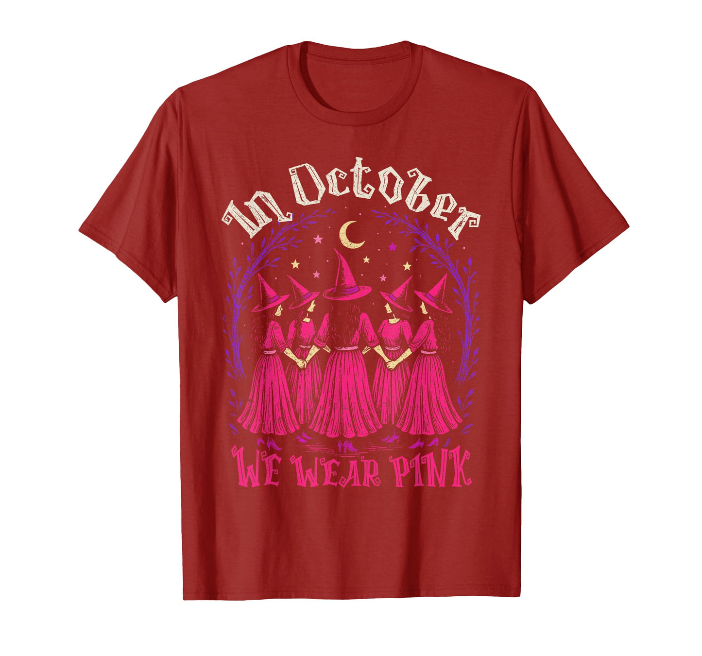 Retro in October We Wear Pink Witch Breast Cancer Awareness T-Shirt