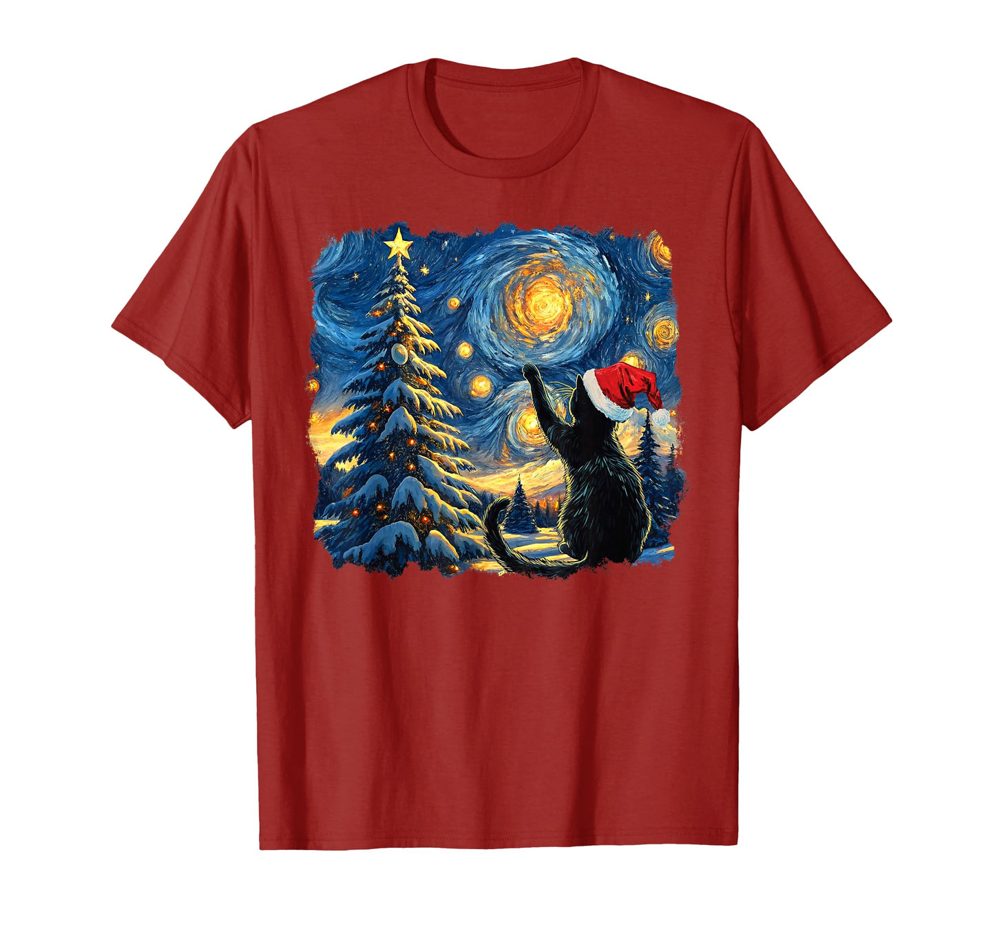 Cat Starry Night Van Gogh Christmas Black Cat Santa Hat T-Shirt