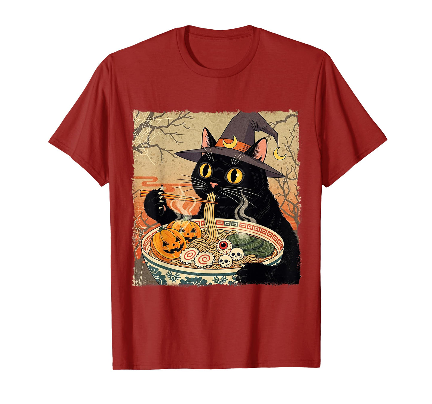 Funny Spooky Ramen Witch Cat Retro Japanese Halloween T-Shirt