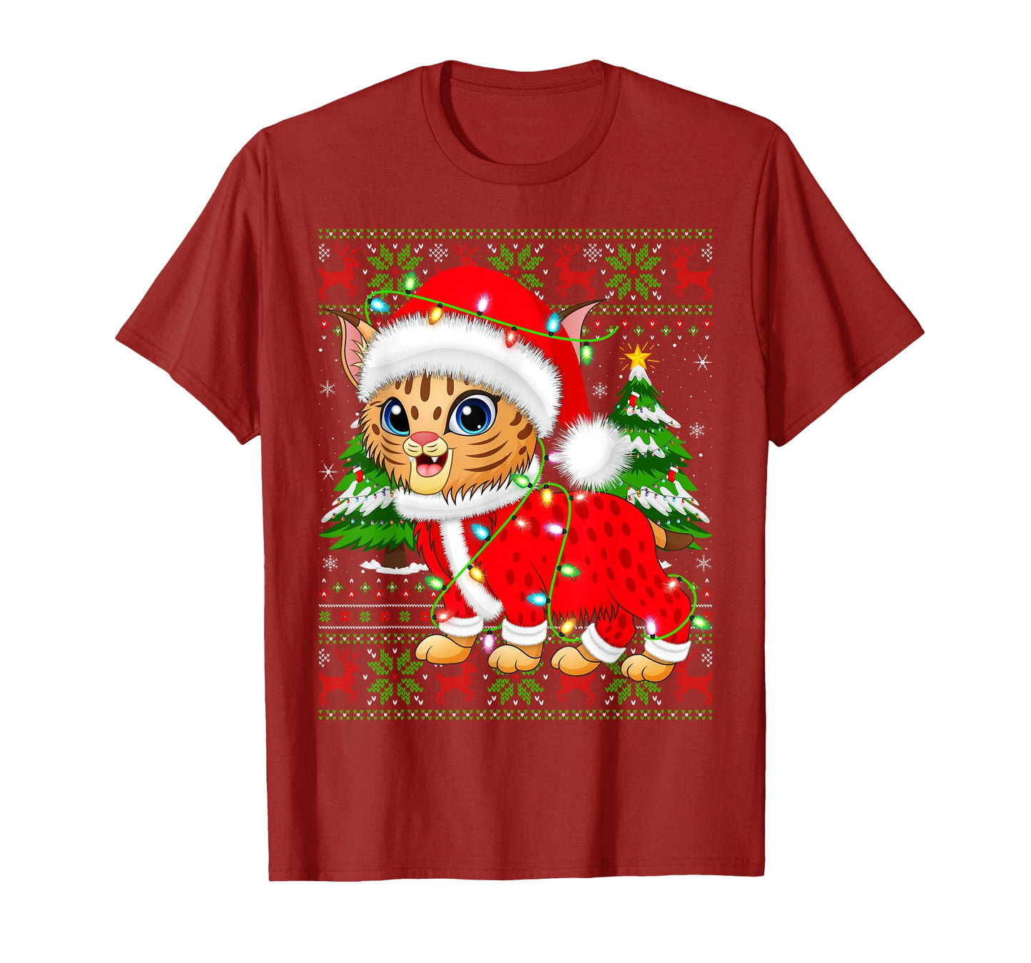 Bobcat Lynx Christmas Lights Santa Costume Ugly Xmas Sweater T-Shirt