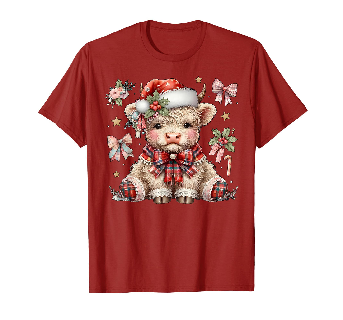 Patchwork Coquette Christmas Highland Cow Santa Hat Western T-Shirt