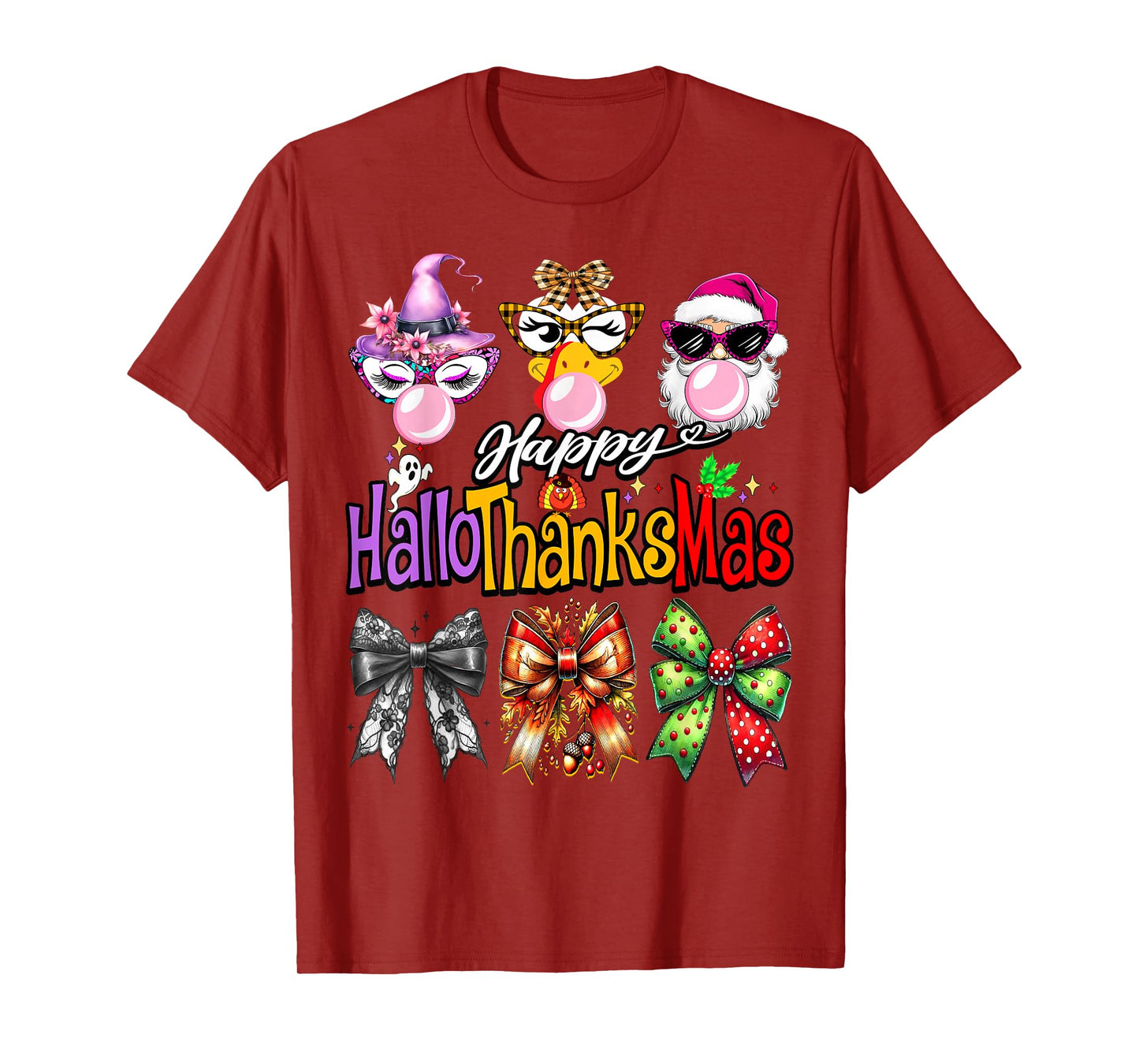 Hallothanksmas Halloween Thanksgiving Christmas Coquette Bow T-Shirt