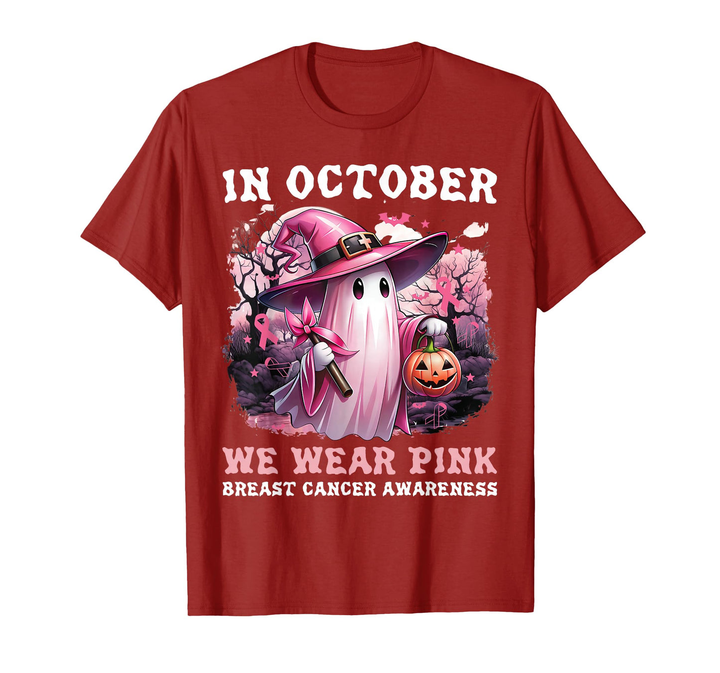in October We Wear Pink Ghost Witch Breast Cancer Awareness T-Shirt