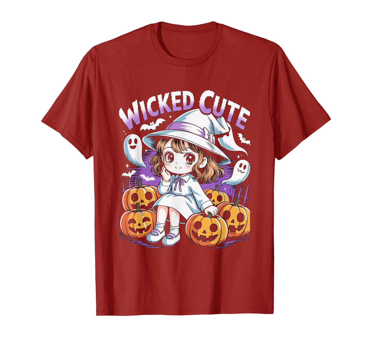 Halloween Anime Cute Witch Girls Pumpkin Bats Ghosts Kids T-Shirt