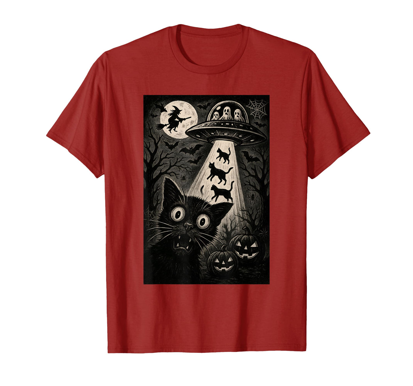 Halloween Cat Selfie Spooky Night Alien Abduction Cats UFO T-Shirt