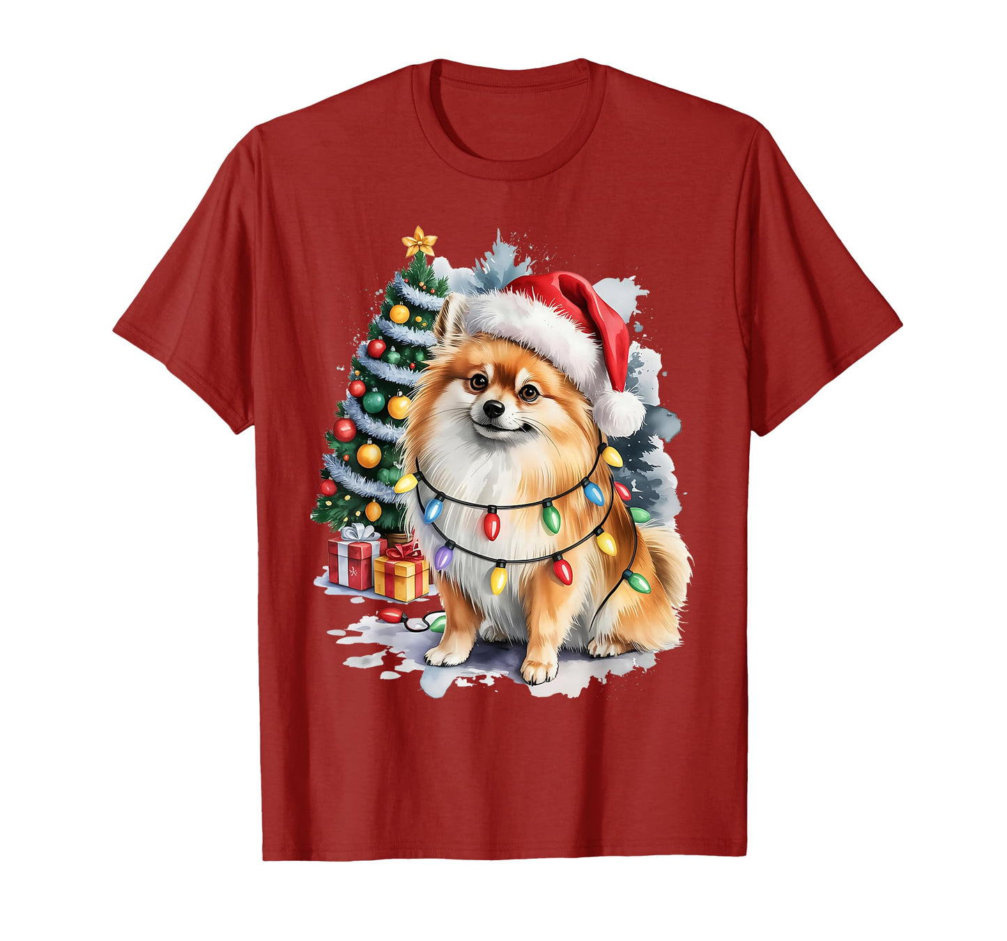 Pomeranian Christmas Dog with Santa Hat and Lights Holiday T-Shirt