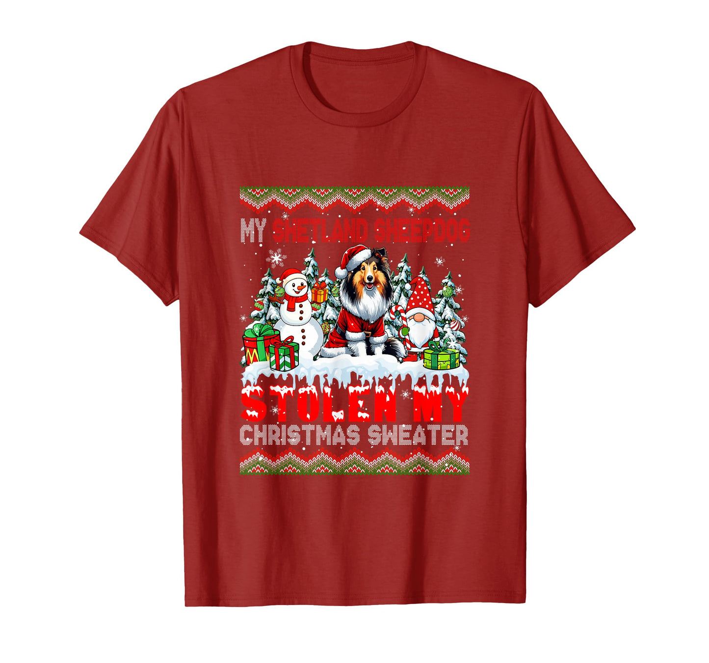 Shetland Sheepdog Stolen Christmas Sweater Santa Dog Gnome T-Shirt