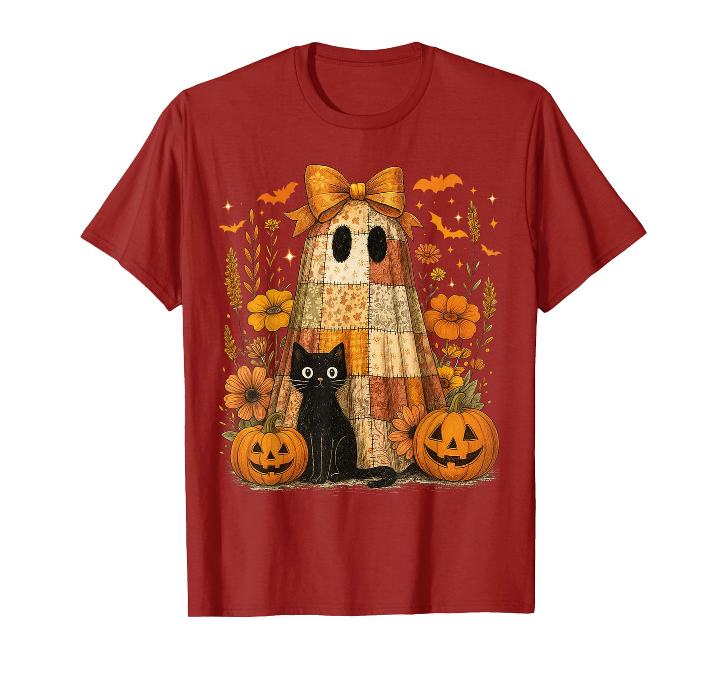 Vintage Halloween Ghost Black Cat Patchwork Floral Women Kid T-Shirt