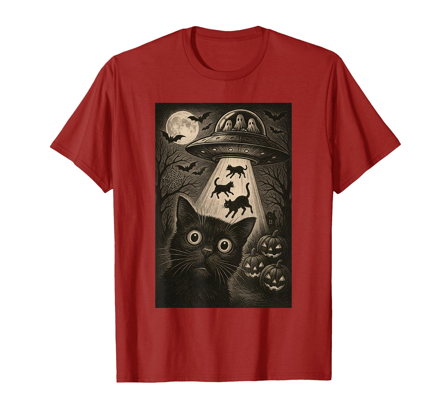Halloween Cat Selfie Scary Alien Abduction Cats UFO Flying T-Shirt