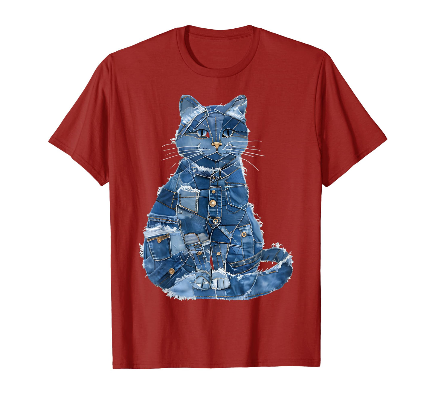 Retro Cat Pattern Denim Patchwork Graphic Art T-Shirt for Men Women